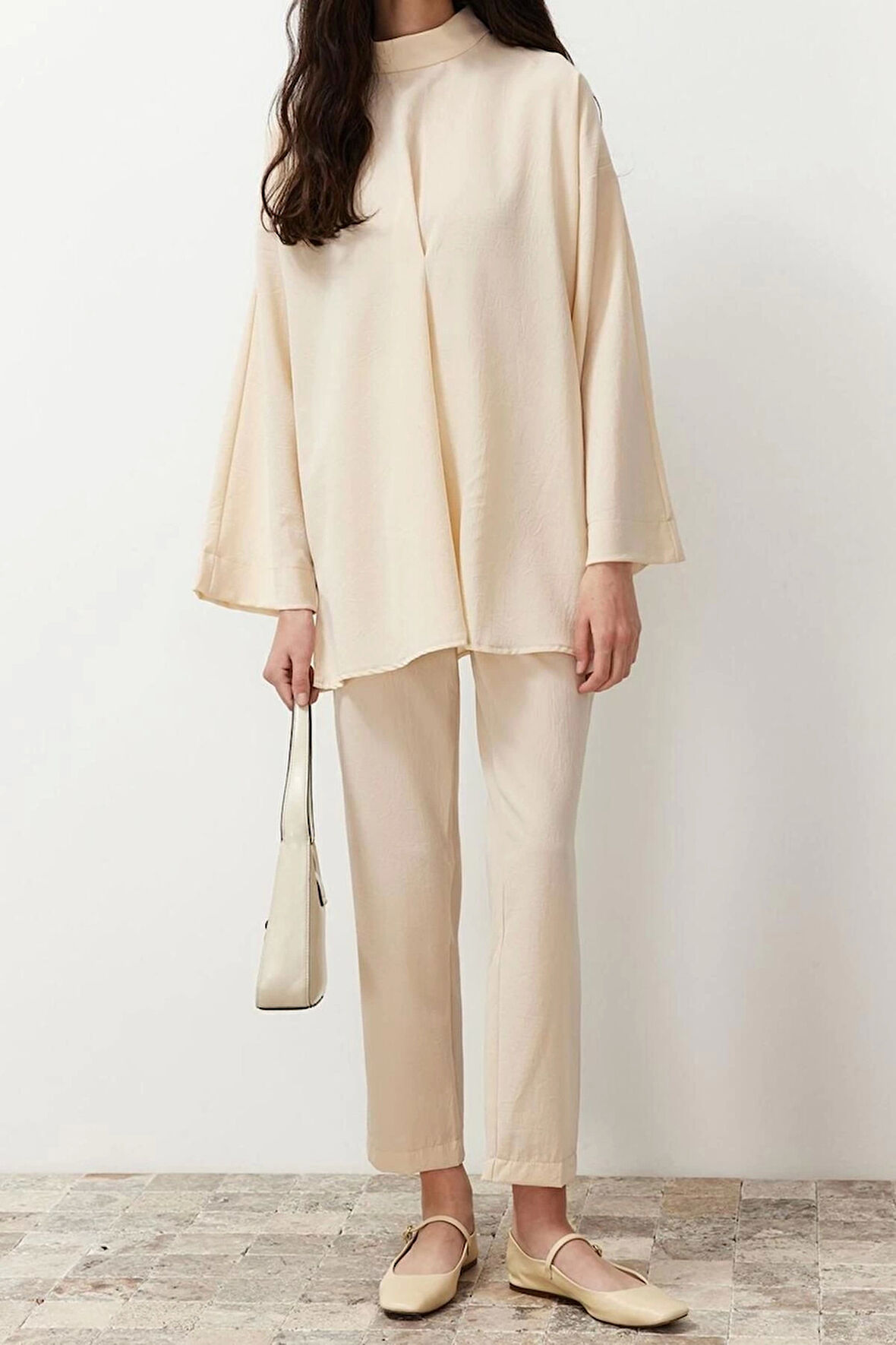 Kadın Moda Şık Regular Boy Uzun Kollu Yakası Detaylı Dokuma Alt Üst Takım