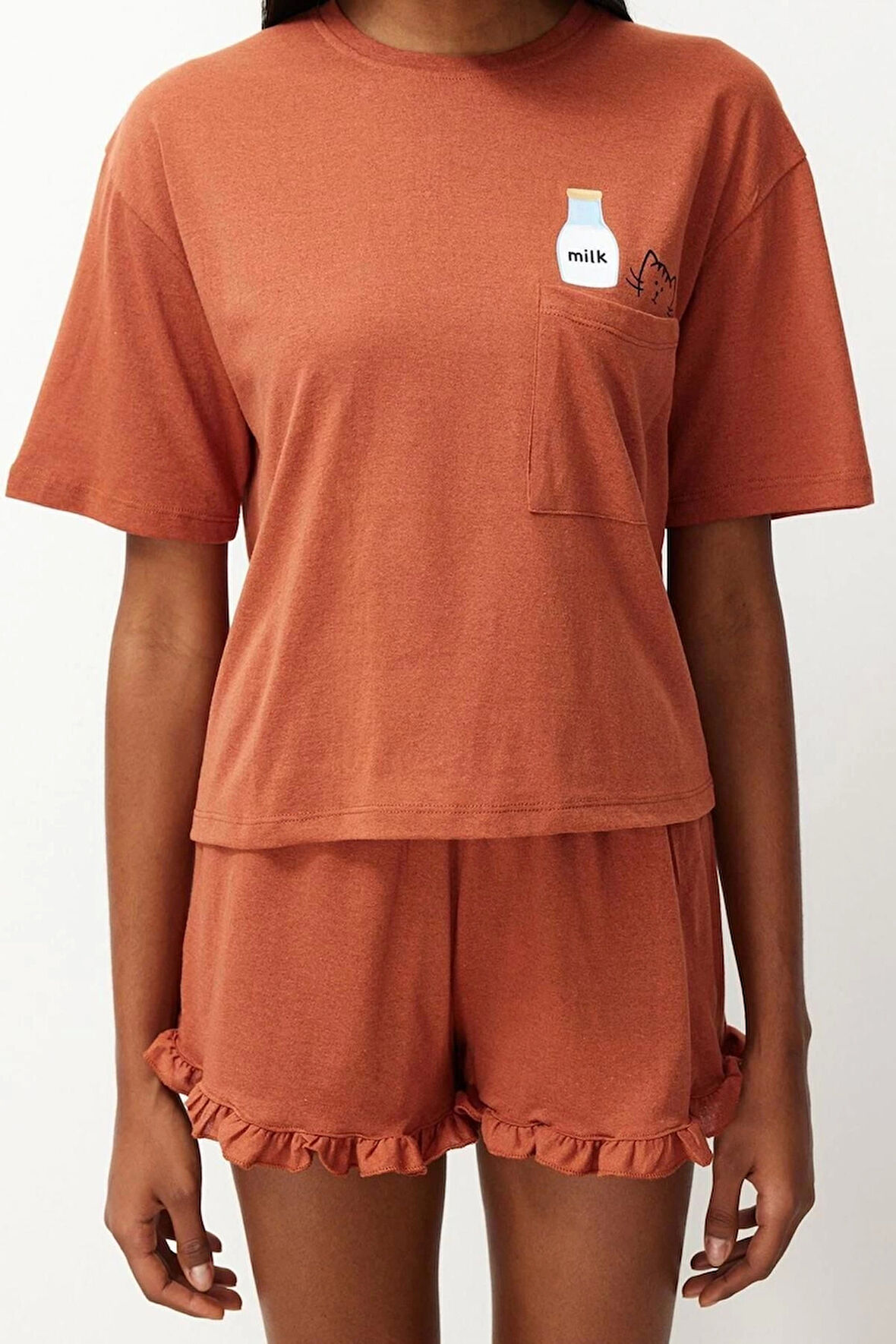 Kadın Pamuklu Bisiklet Yaka Kısa Kol Pamuklu Baskılı T-shirt-Şort Örme Pijama Takımı