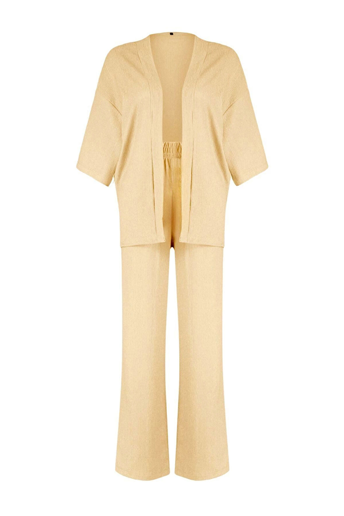 Kadın Moda Şık Geniş Paça Uzun Boy Uzun Kollu Relaxed Rahat Kesim Örme Kimona Pantolon Alt-Üst Takım