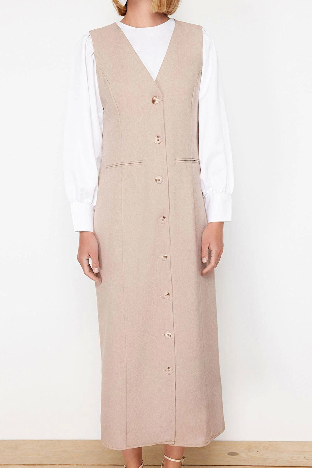 Kadın Moda Şık Tesettür Maxi Boy V Yaka Regular Dokuma Kumaş Jile Elbise