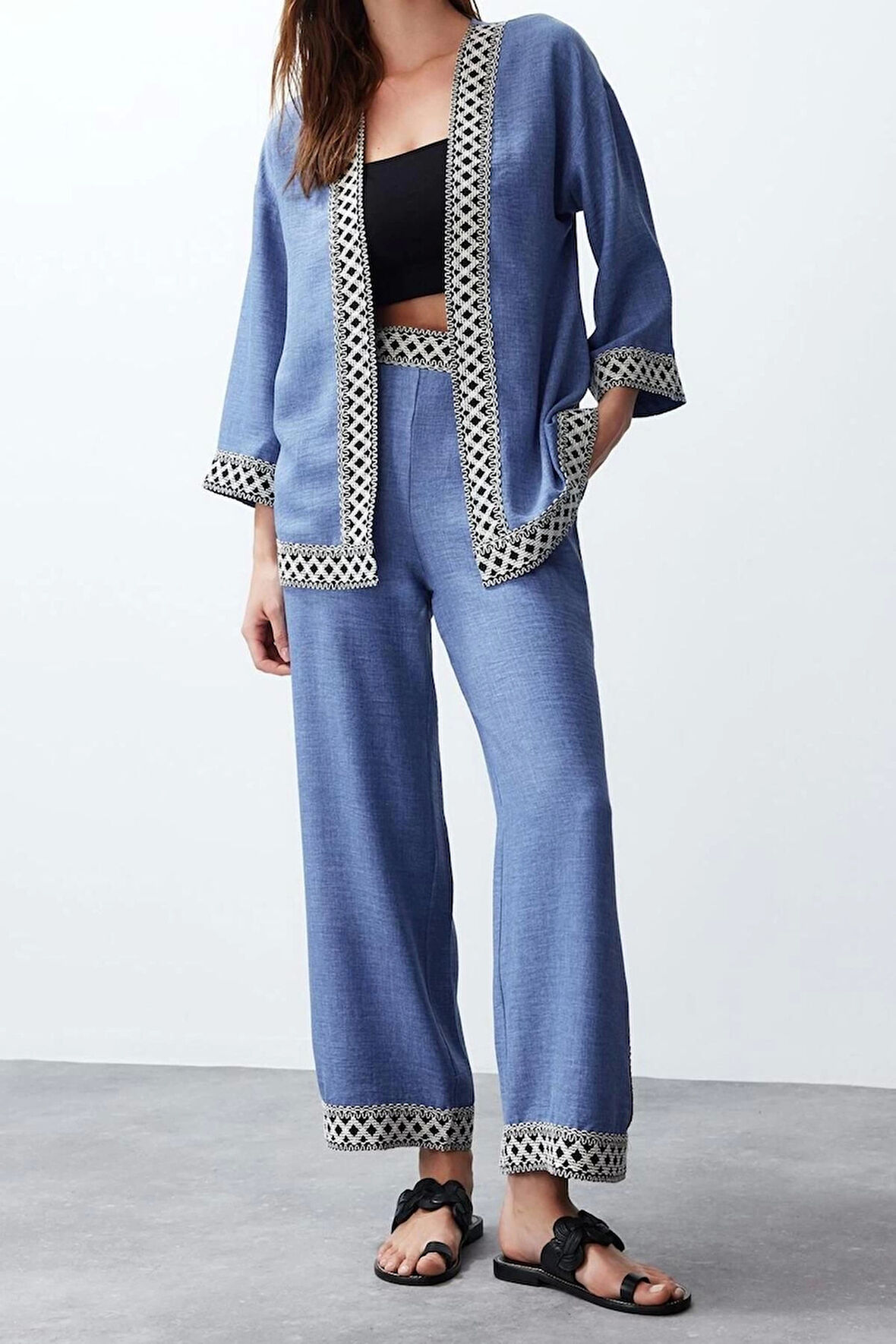Kadın Moda Şık Regular Boy Uzun Kollu İşlemeli Dokuma Kimono-Pantolon Takım