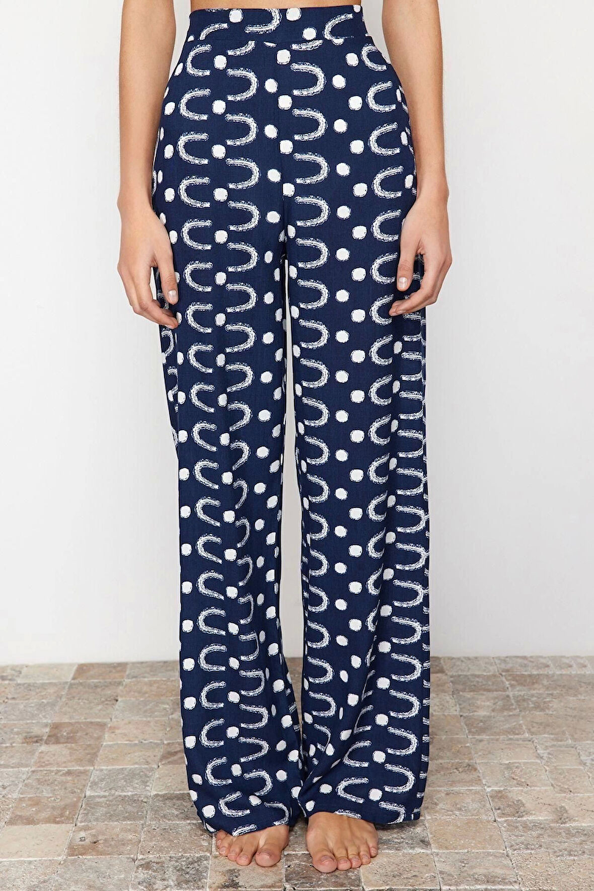 Kadın Yeni Moda Geniş Paça Uzun Boy Dokuma Geometrik Desenli Pantolon