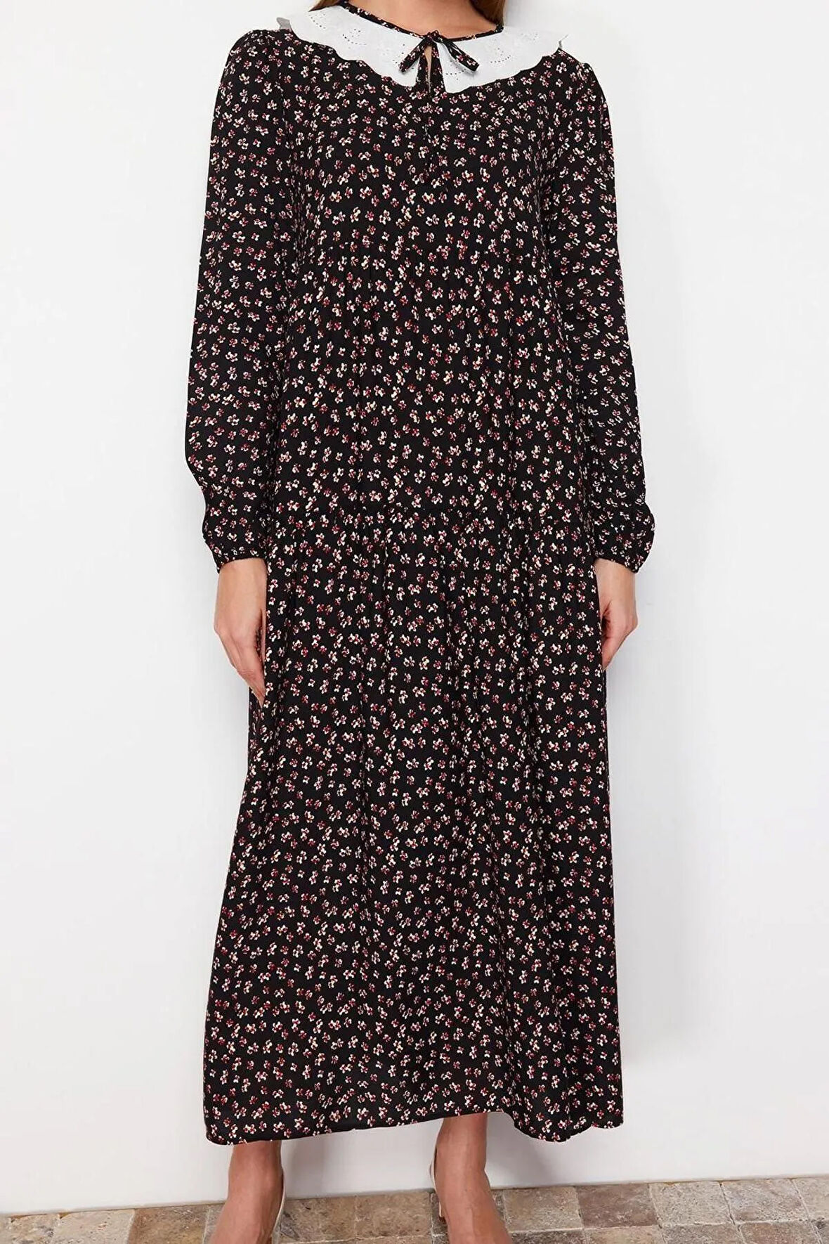 Yeni Regular Casual Günlük Belmando Dokuma V Yaka Uzun Kol A-Line Midi Boy Tesettür Elbise