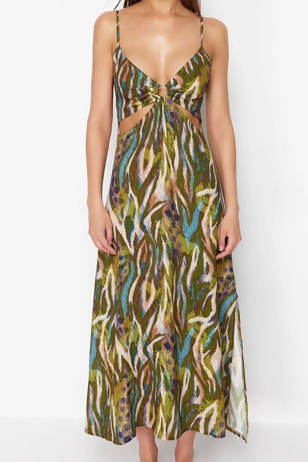 Yeni Rahat Plaj Günlük Yoryo Şifon Dokuma V Yaka Askılı Kol Shift Maxi Boy Elbise