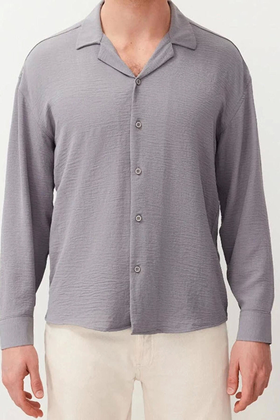 Moda Apaş Yaka Düz Uzun Kol Oversize Fit Apaş Yaka Yazlık Keten Görünümlü Gömlek