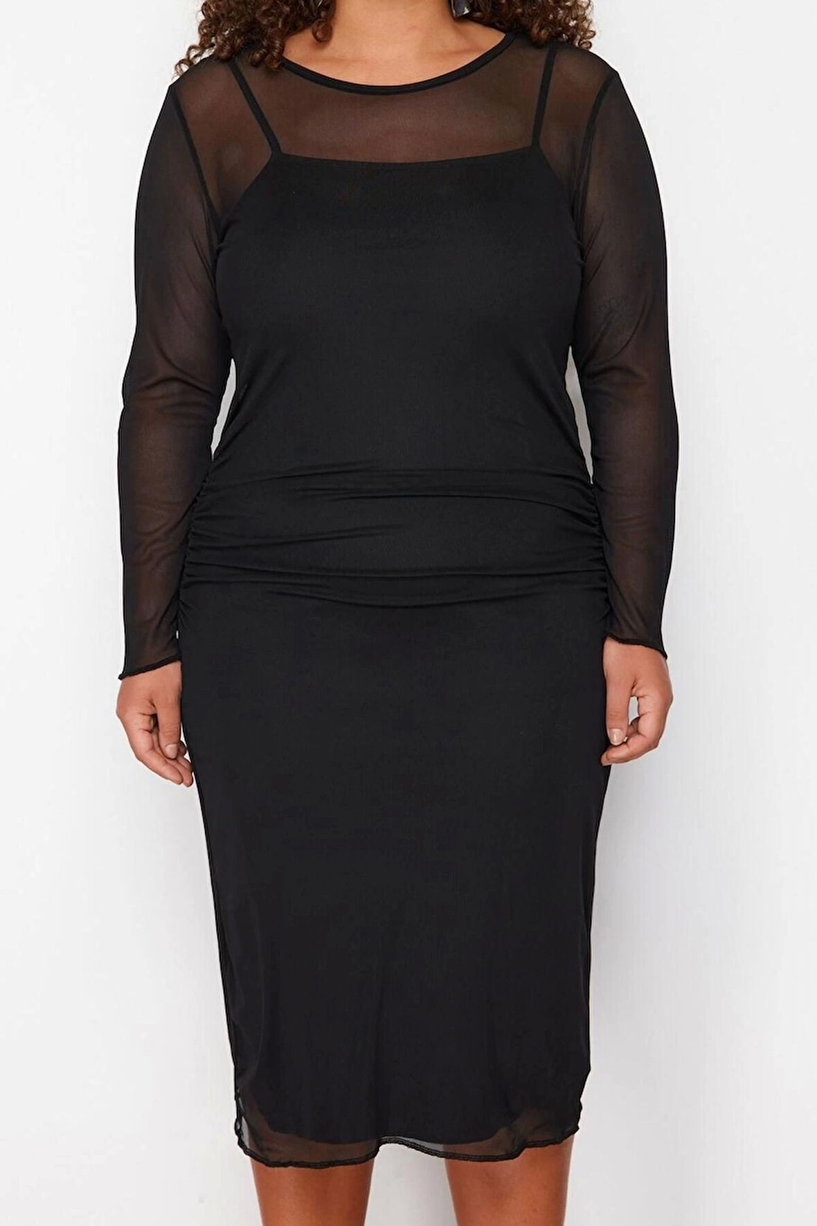 Kadın Moda Şık Büyük Beden Midi Boy Bisiklet Yaka Fitted Tül Örme Büyük Beden Elbise