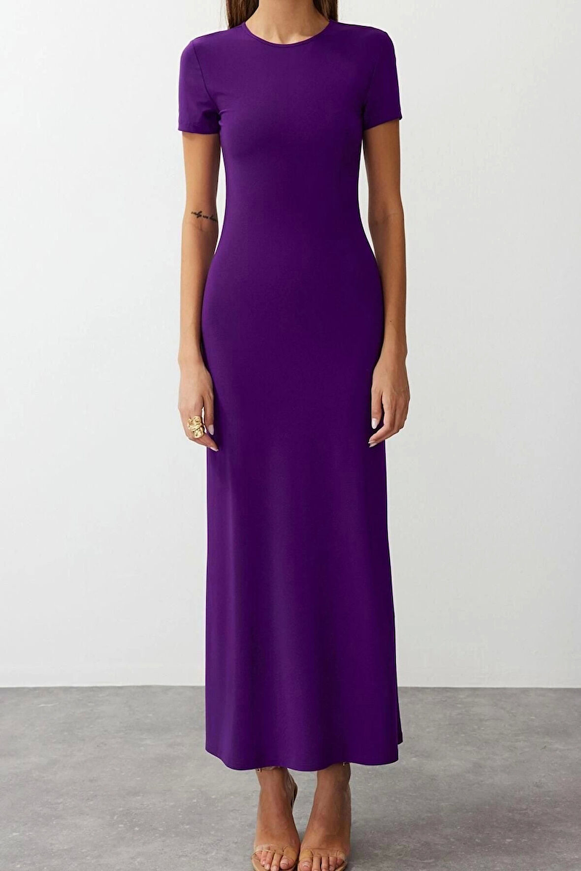 Yeni Slim Casual Günlük Kalın Sandy Örme Bisiklet Yaka Kısa Kol Bodycone Maxi Boy Elbise