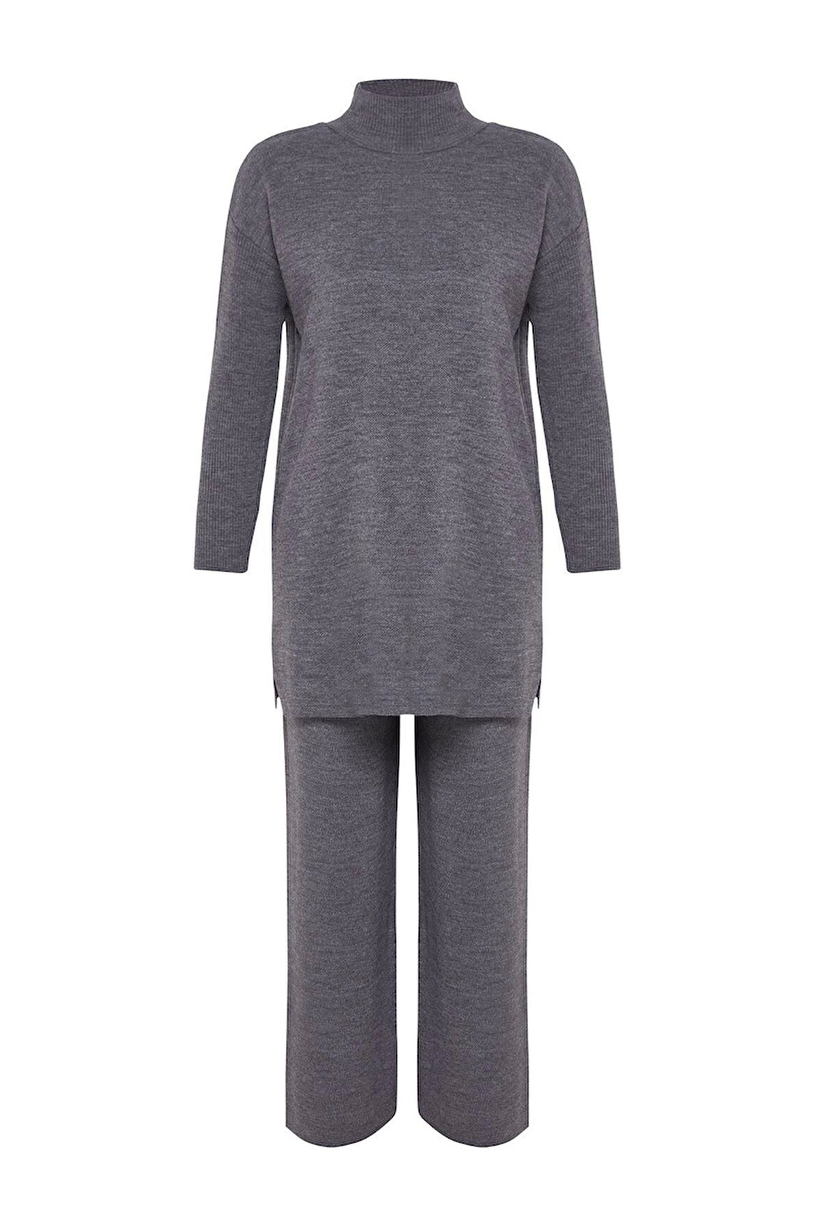 Kadın Moda Şık Geniş Paça Regular Boy Uzun Kollu Yırtmaçlı Geniş Paça Triko Alt-Üst Takım