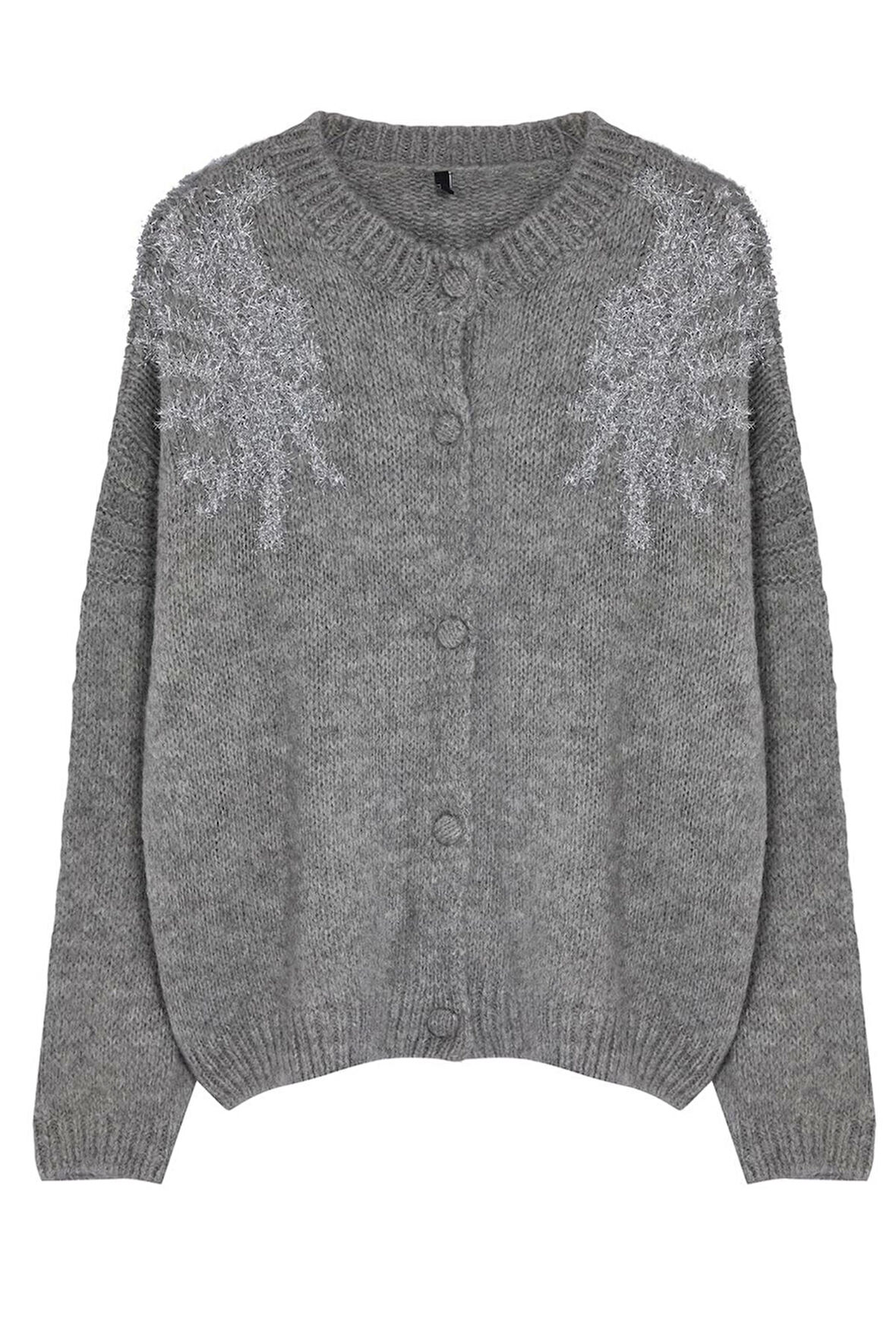 Kadın Moda Şık Regular Bisiklet Yaka Regular Oversize Yumuşak Dokulu Parlak Sim İşlemeli Triko Hırka