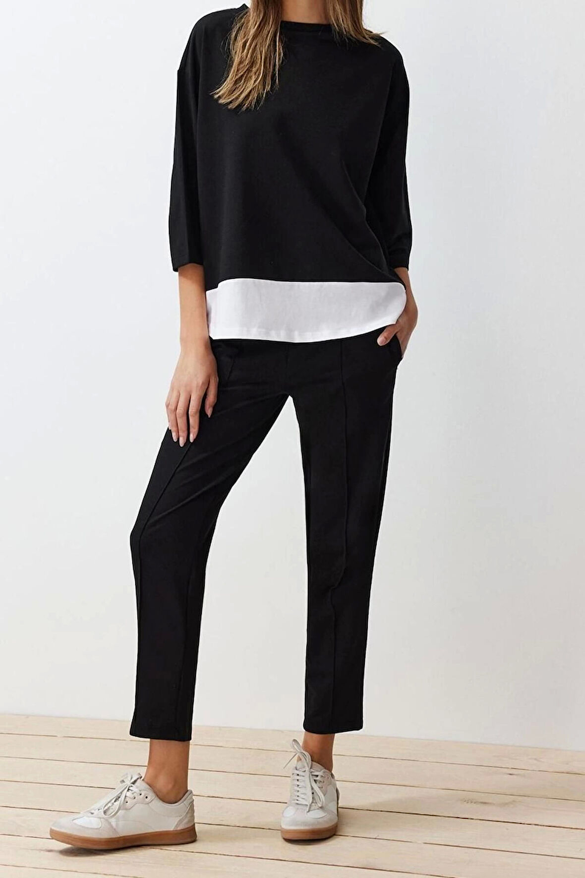 Kadın Moda Şık Boru Paça Truvakar Kollu Relaxed Kalıp Dokuma Örme Bluz Pantolon Alt-Üst Takım