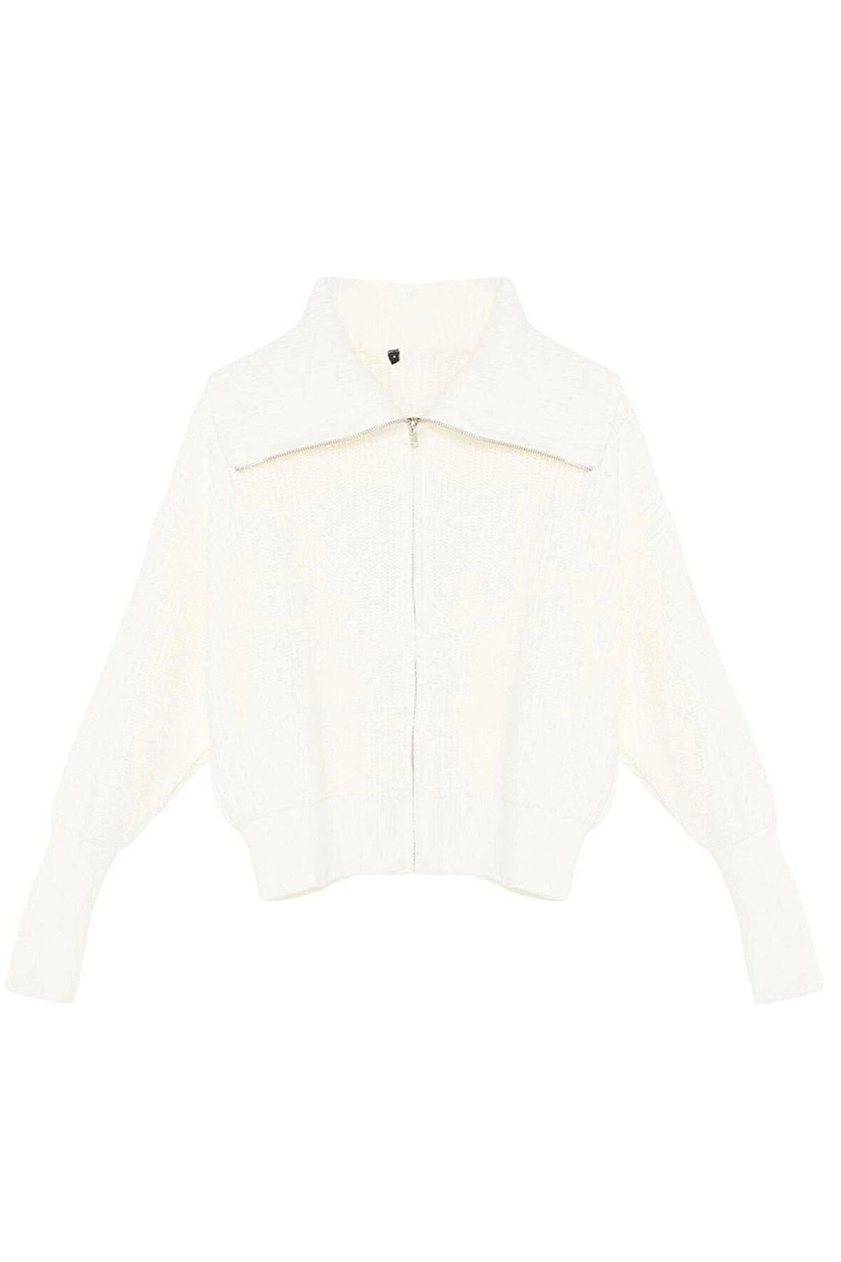 Kadın Moda Şık Regular Devrik Yaka Oversize Lacivert Geniş Kalıp Devrik Yaka Fermuarlı Triko Hırka