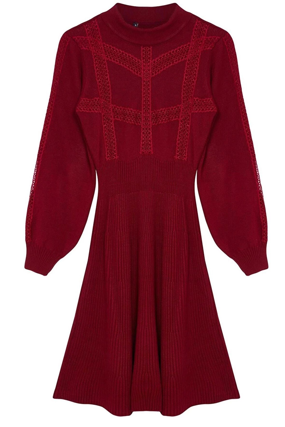 Kadın Moda Şık Mini Boy Dik Yaka Regular Triko Dantelli Elbise