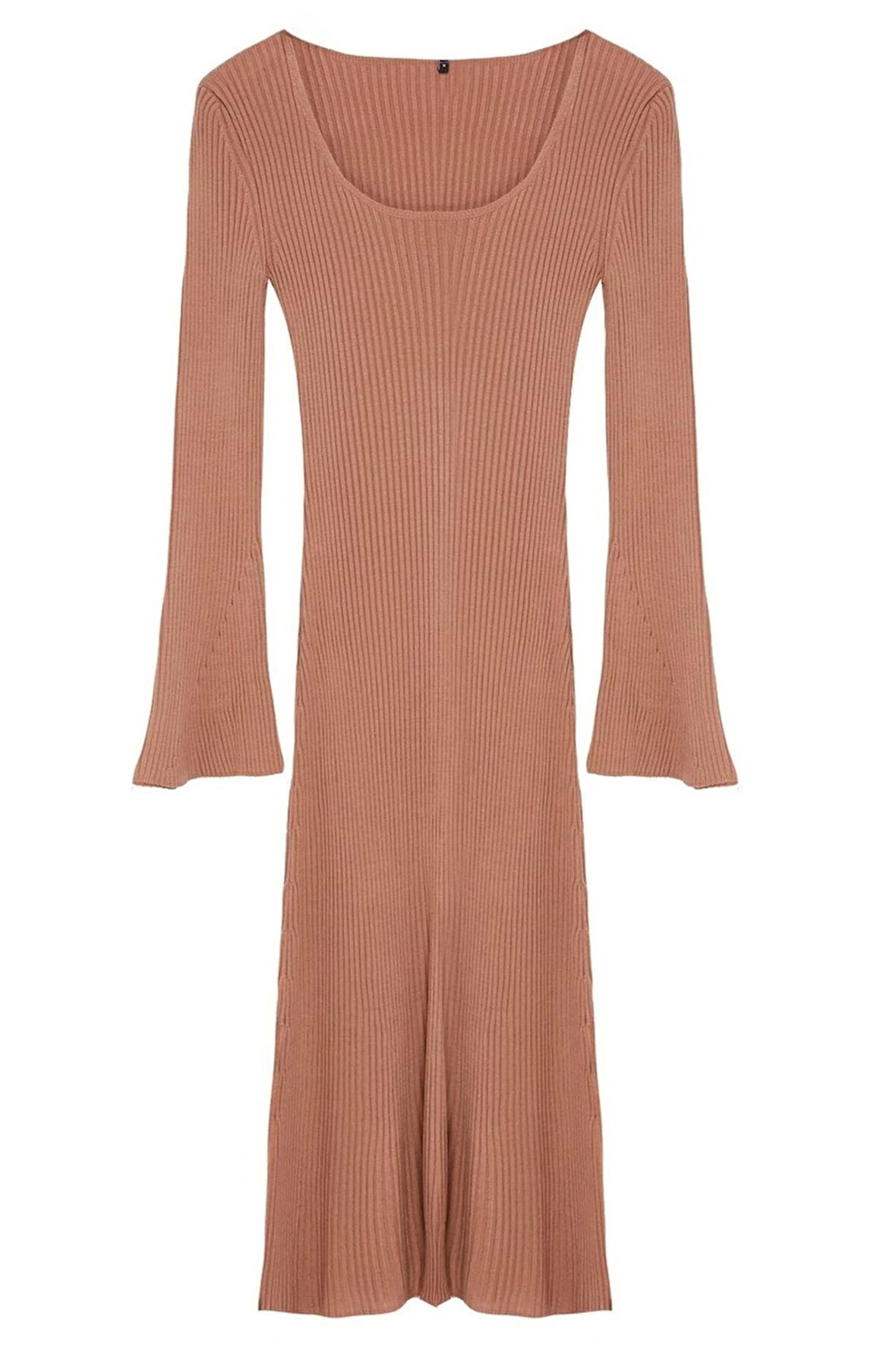 Kadın Moda Şık Midi Boy Kare Yaka Slim Triko Basic Kol Ucu Detaylı Elbise