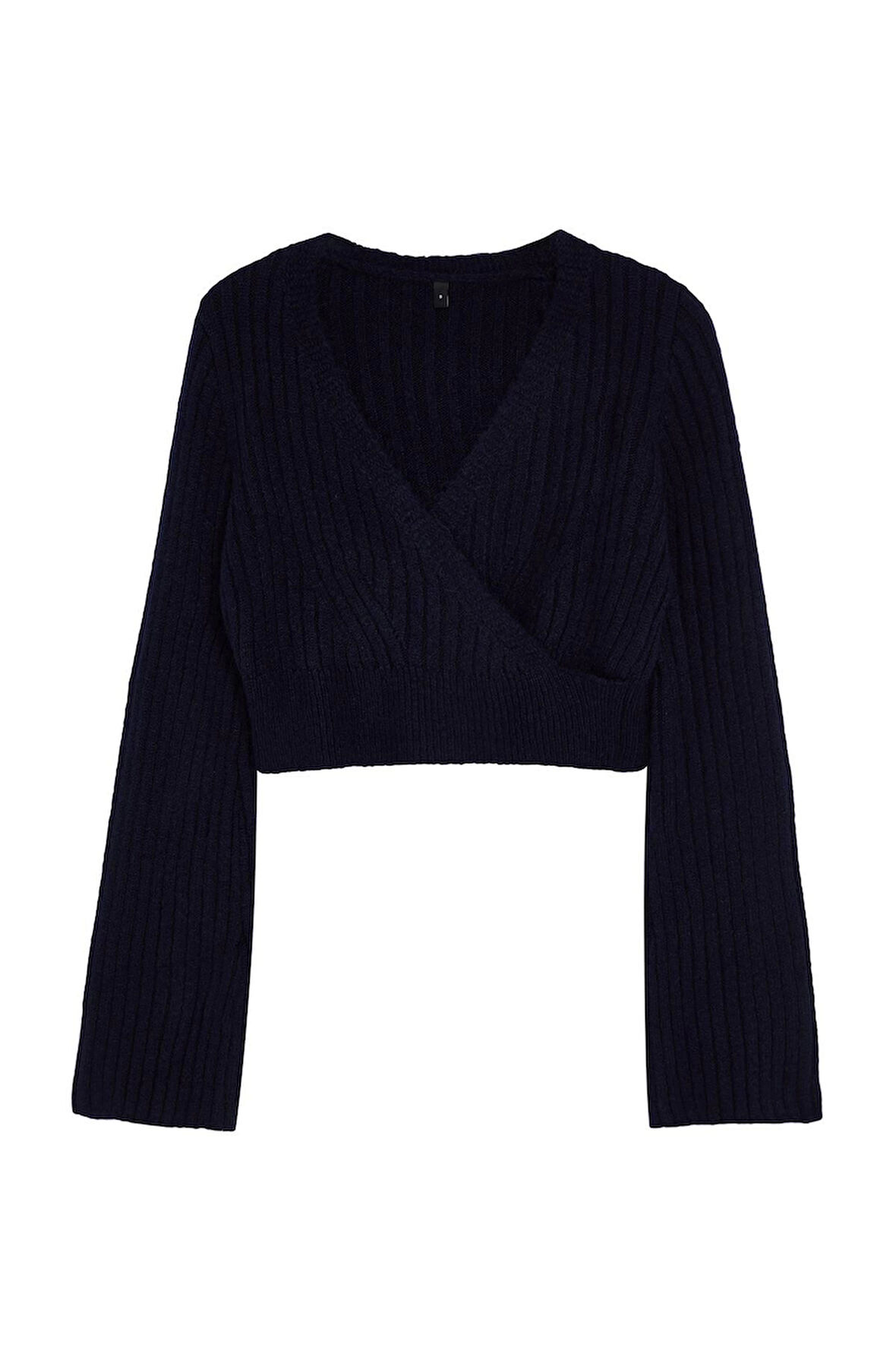 Kadın Moda Şık Kruvaze Standart Kol Crop Yumuşak Dokulu Triko Kazak