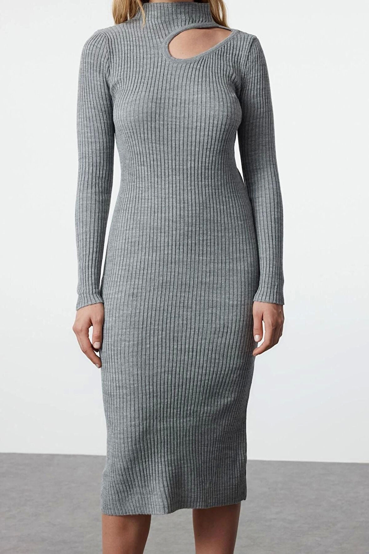 Kadın Moda Şık Midi Boy Dik Yaka Slim Triko Polo Yaka Elbise