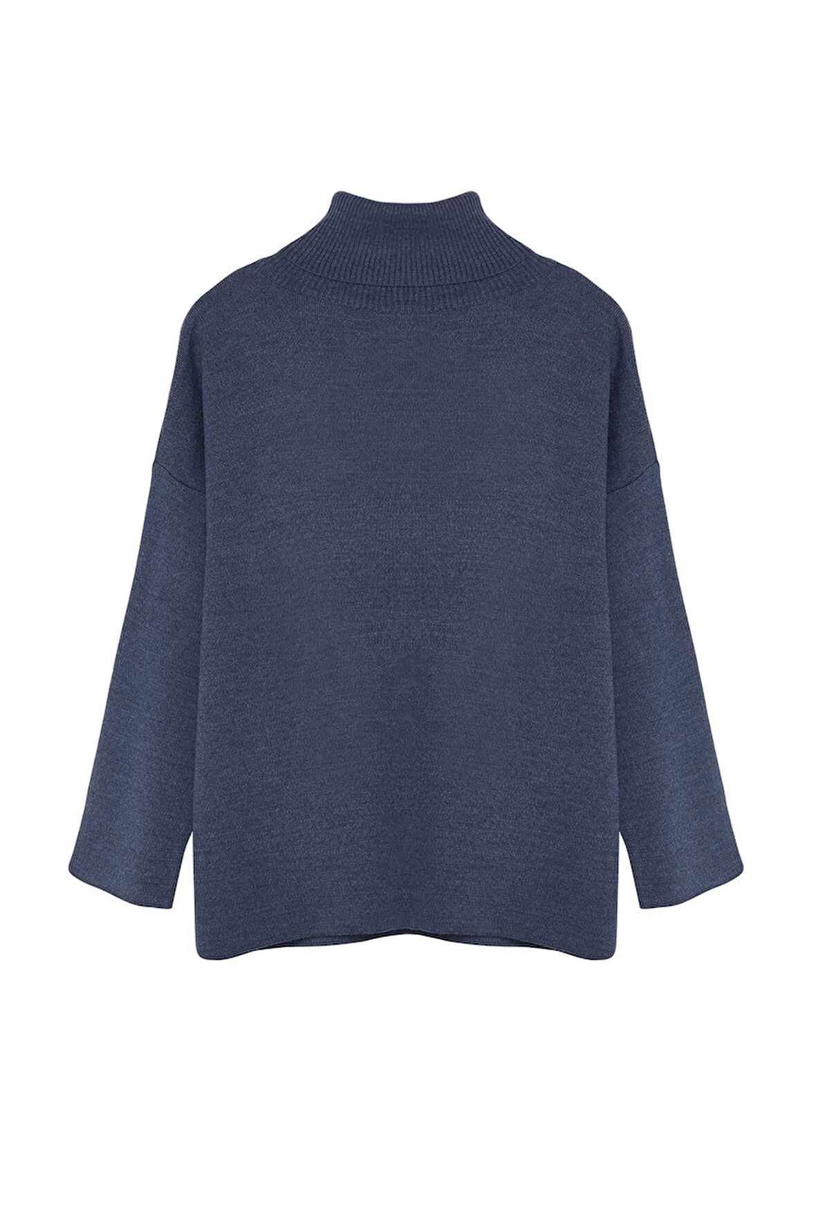 Kadın Moda Şık Balıkçı Yaka Standart Kol Regular İndigo Geniş Kalıp Basic Triko Kazak