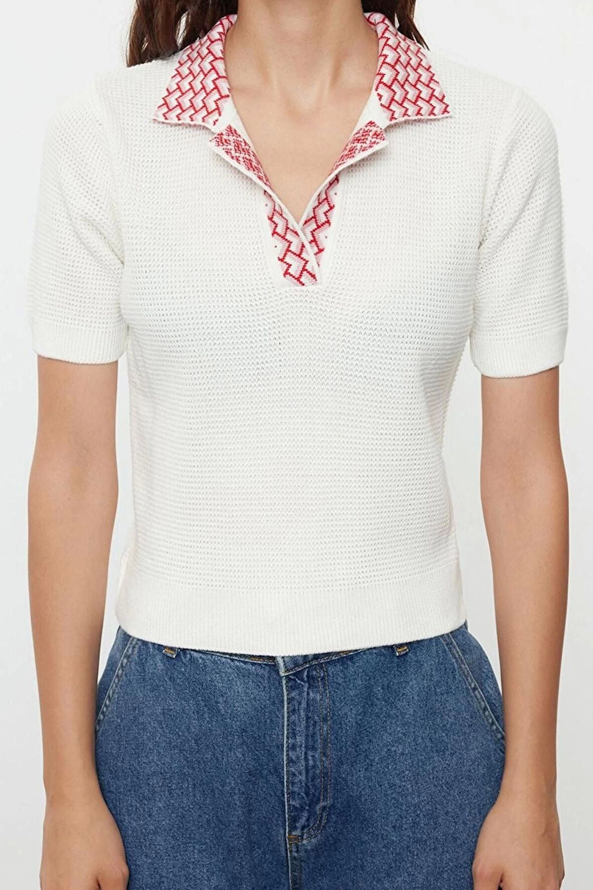 Kadın Moda Şık Üst Giyim Regular Polo Yaka Regular Kalıp Triko Yaka Desenli İnce Bluz