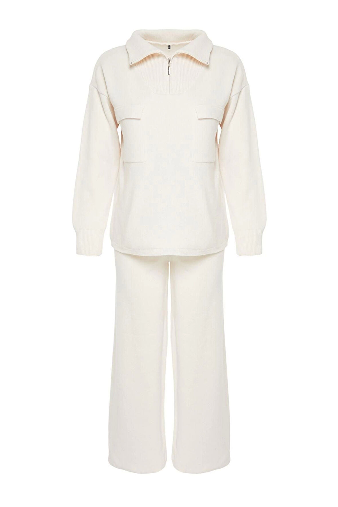 Kadın Moda Şık Regular Boy Uzun Kollu Geniş Kalıp Fermuarlı ve Cepli Triko Alt-Üst Takım