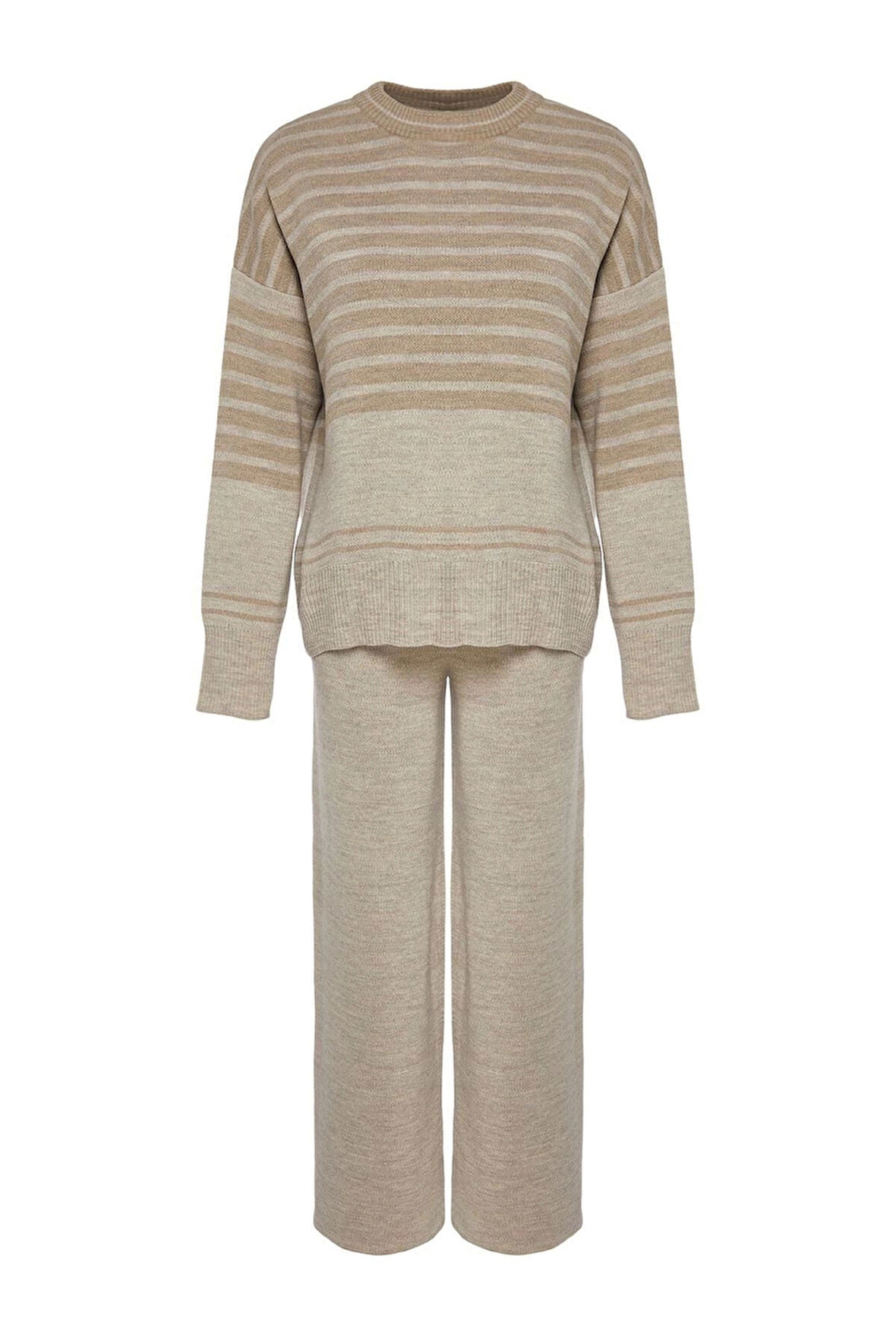 Kadın Moda Şık Boru Paça Regular Boy Uzun Kollu Geniş Kalıp Renk Bloklu Triko Alt-Üst Takım