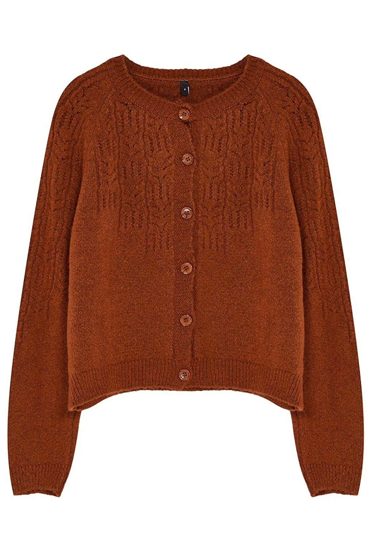 Kadın Moda Şık Crop Bisiklet Yaka Regular Yumuşak Dokulu Ajurlu Delikli Triko Hırka