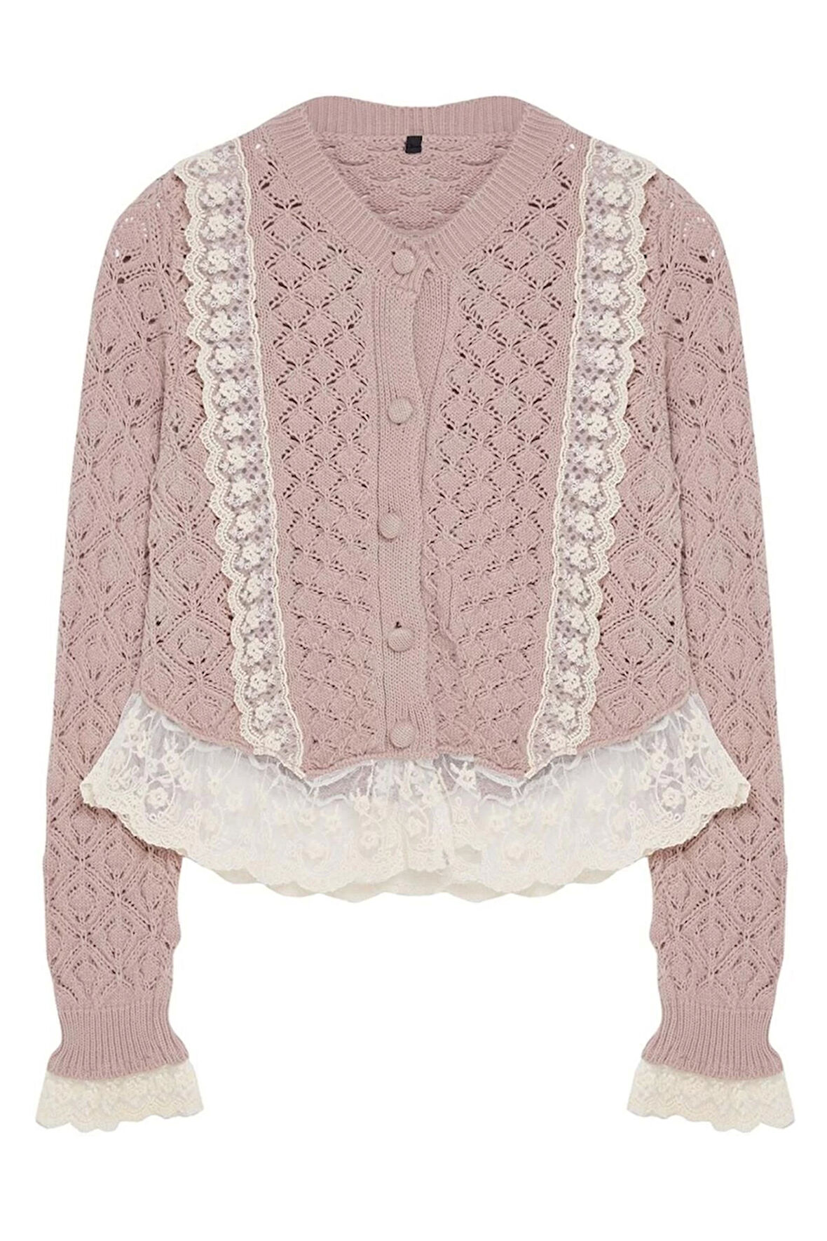 Kadın Moda Şık Crop Bisiklet Yaka Regular Crop Dantelli Ajurlu Delikli Triko Hırka