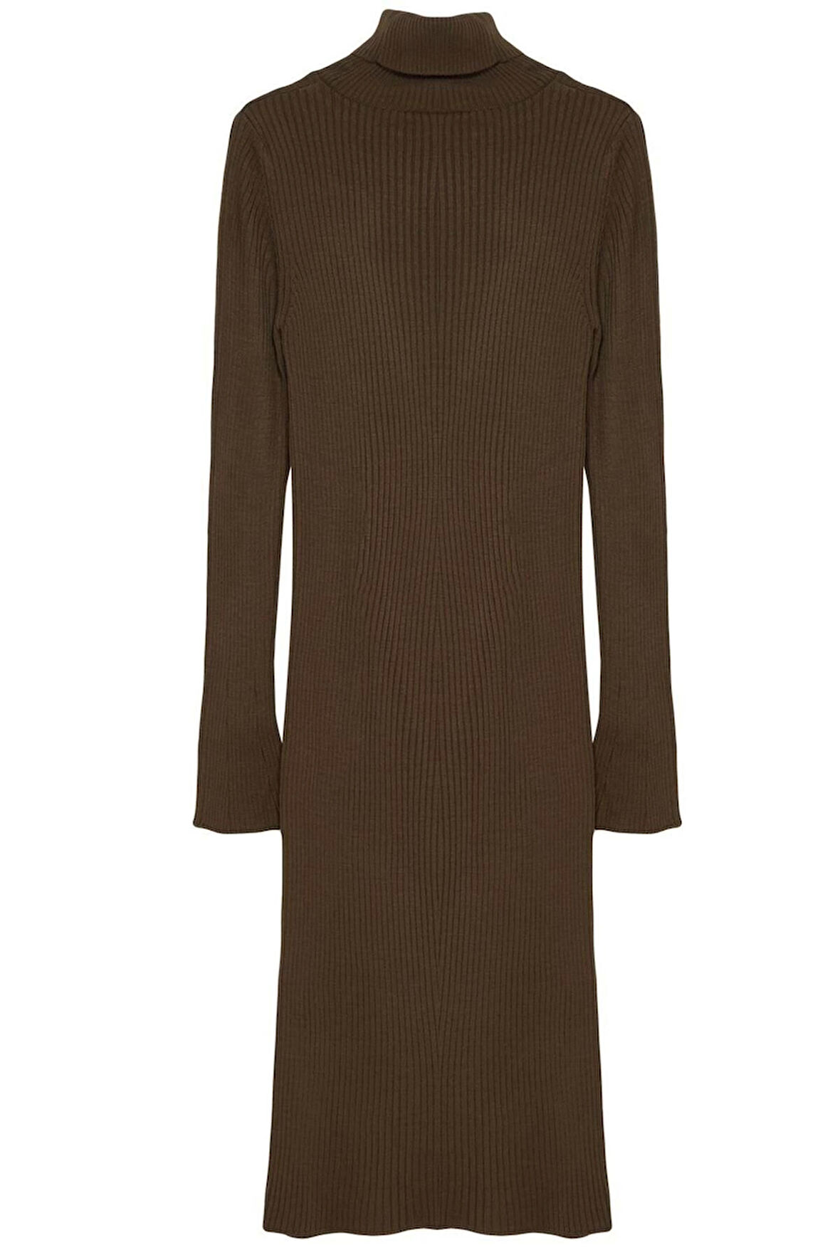 Kadın Moda Şık Mini Boy Balıkçı Yaka Slim Triko Kolları Volanlı Elbise