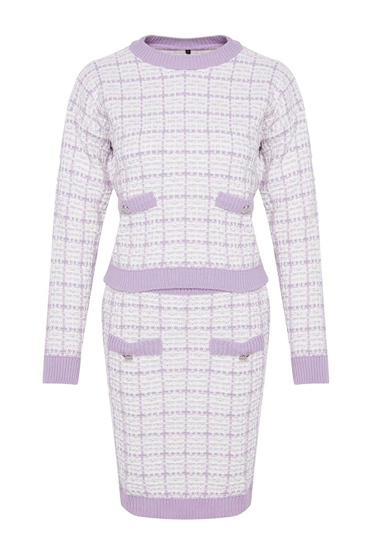 Kadın Moda Şık Boru Paça Regular Boy Uzun Kollu Tüvit Görünümlü Simli Triko Alt-Üst Takım