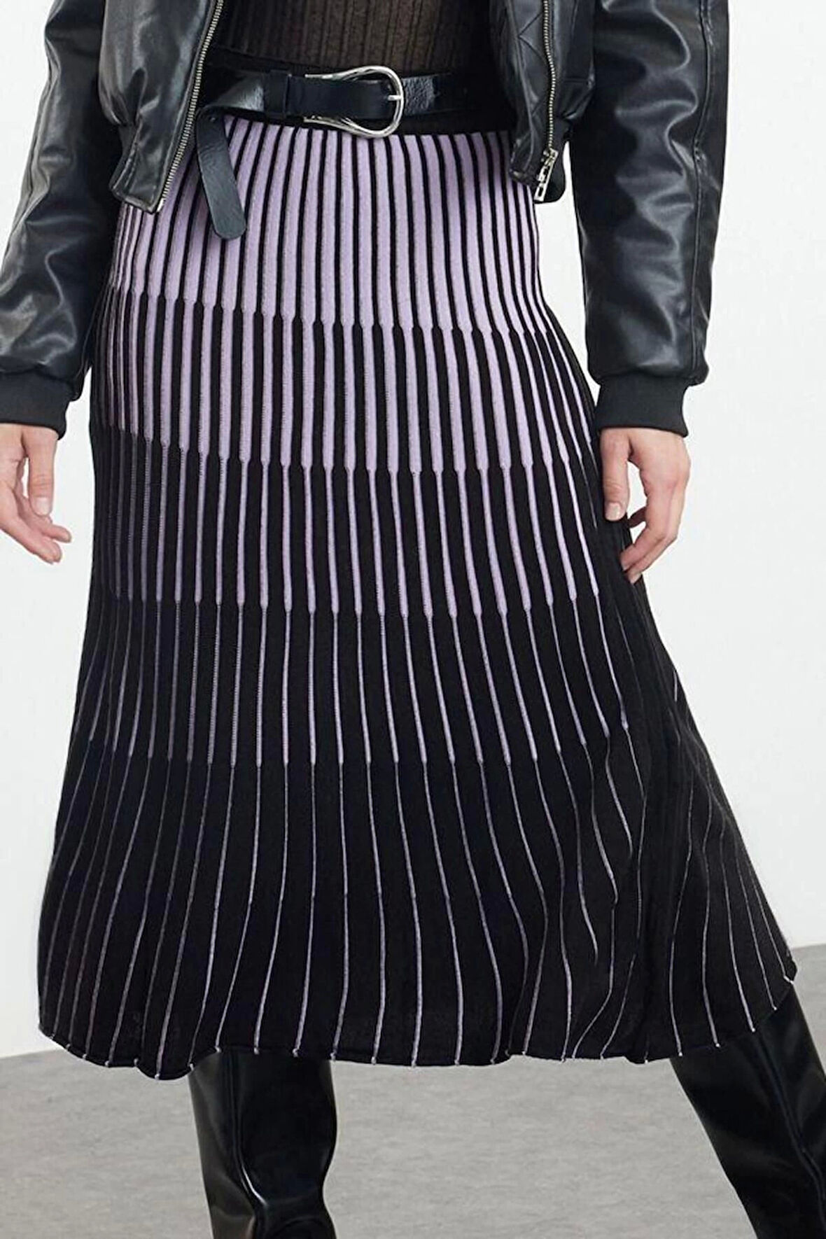 Kadın Moda Stil Midi Astarsız Triko Midi Renk Bloklu Etek