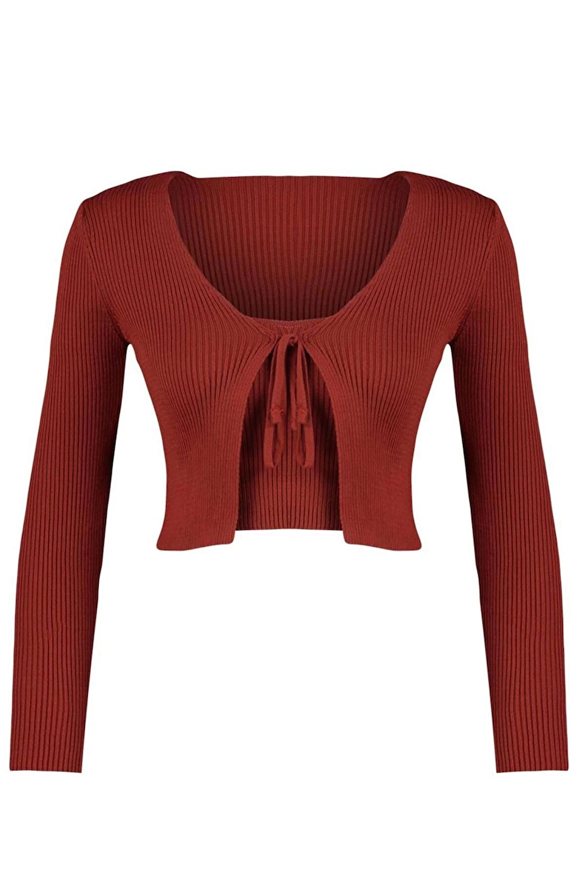 Kadın Moda Şık Crop V Yaka Slim Crop Bağlama Detaylı Bluz-Hırka Triko Takım