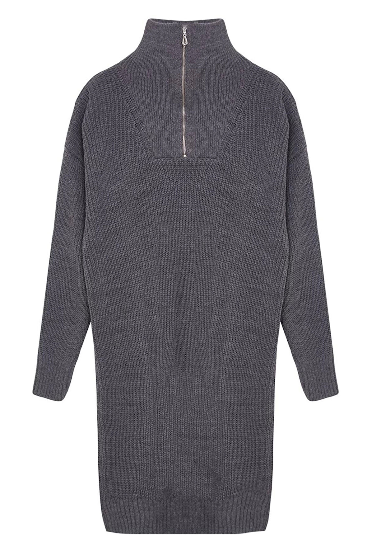 Kadın Moda Şık Mini Boy Dik Yaka Regular Triko Fermuarlı Elbise