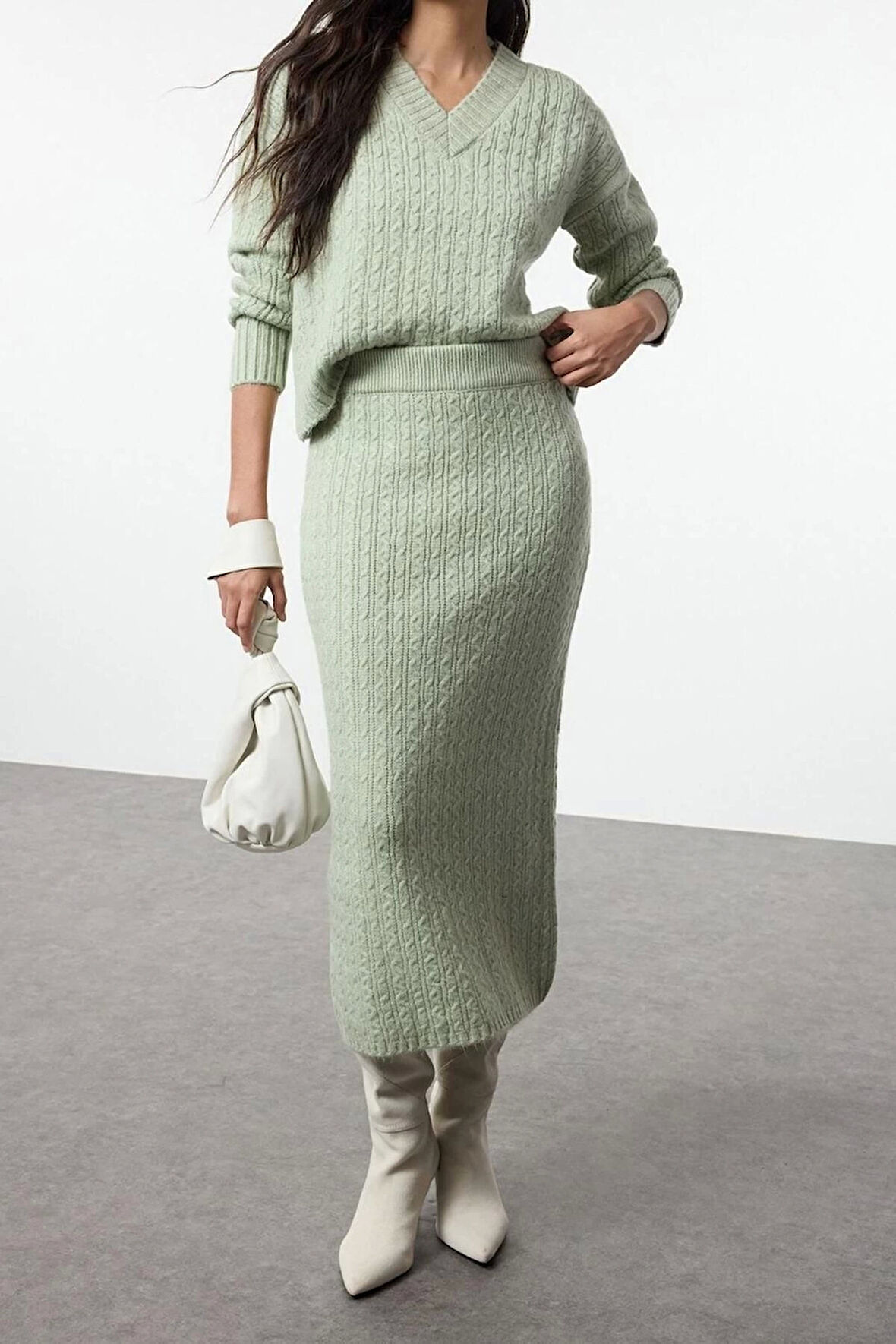 Kadın Moda Şık Regular Boy Uzun Kollu Yünlü Saç Örgü Triko Alt-Üst Takım