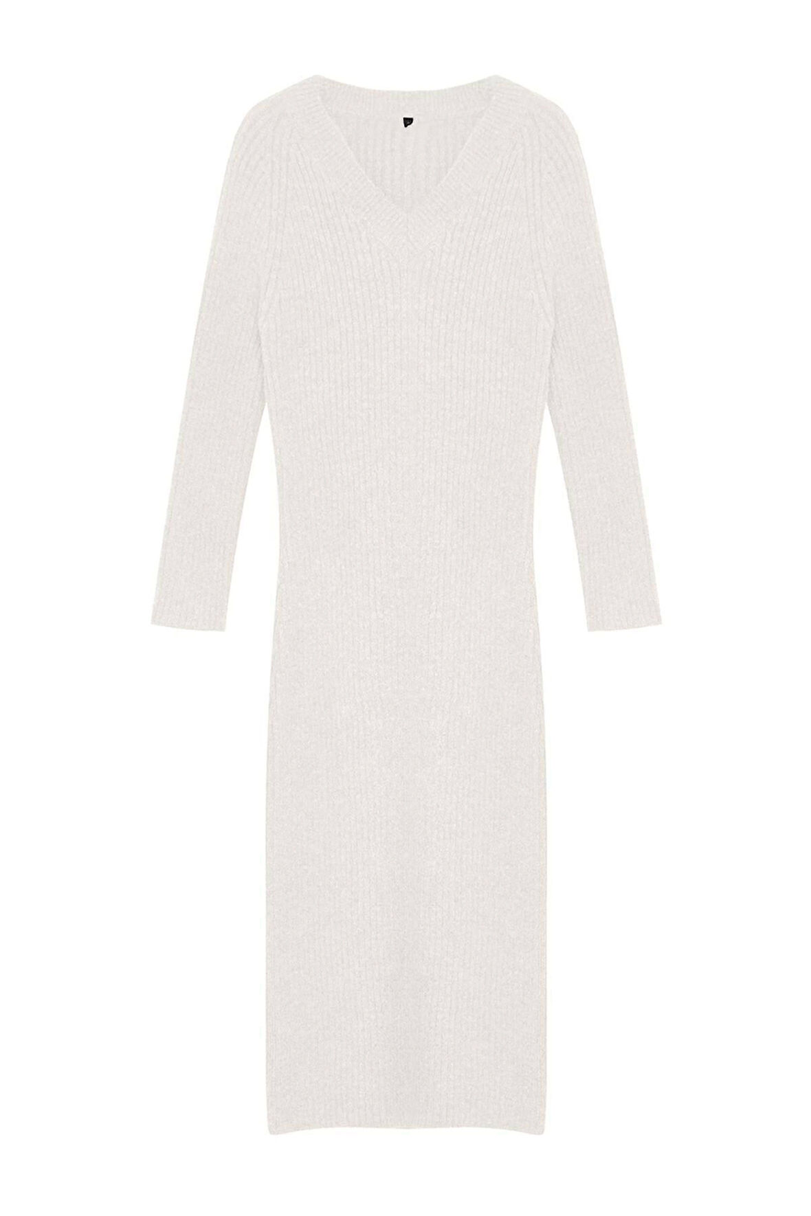 Kadın Moda Şık Maxi Boy V Yaka Regular Triko Yünlü Basic Elbise