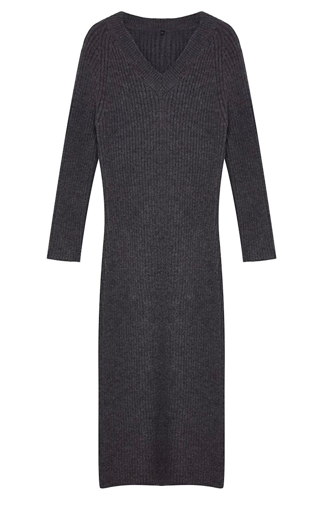 Kadın Moda Şık Maxi Boy V Yaka Regular Triko Yünlü Basic Elbise
