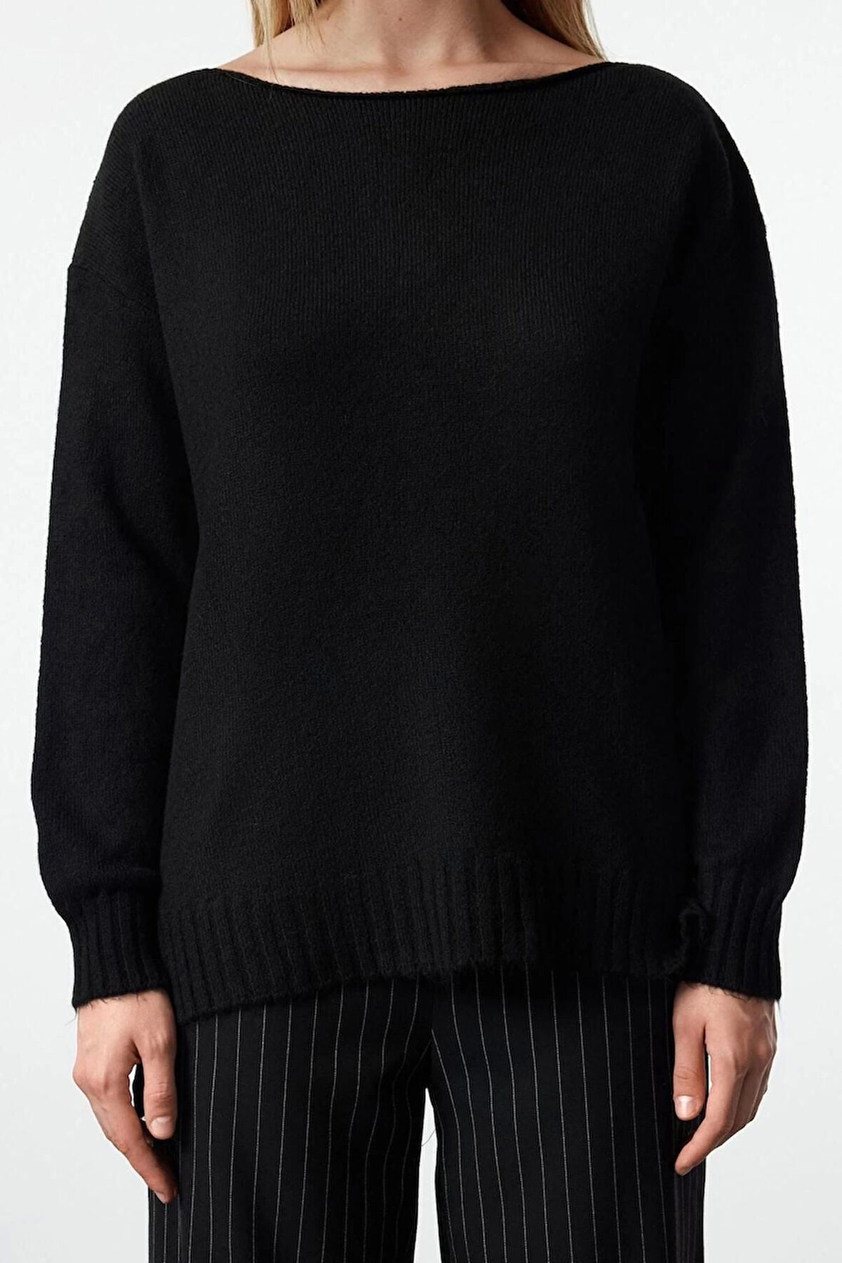 Kadın Moda Şık Kayık Yaka Standart Kol Regular Yünlü Basic Triko Kazak