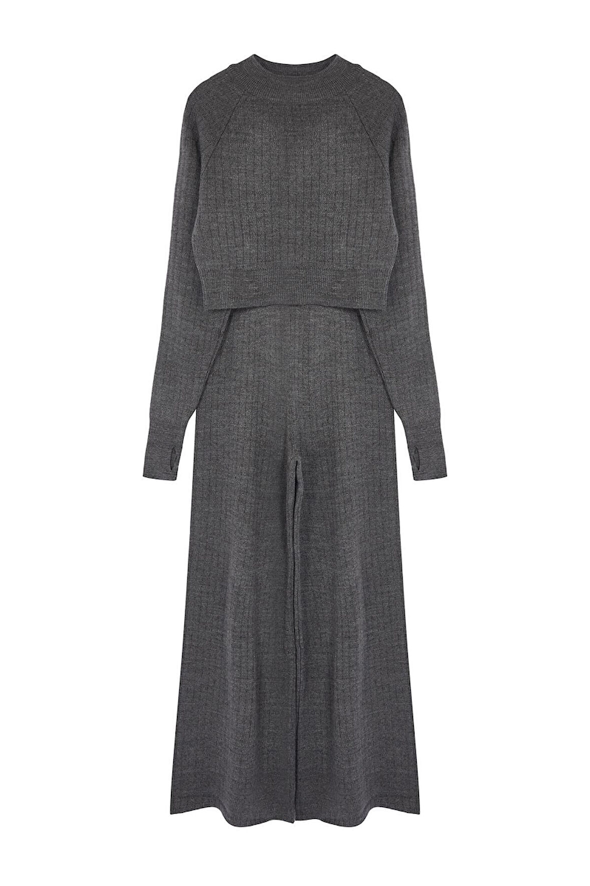 Kadın Moda Şık Boru Paça Crop Boy Uzun Kollu Crop Parmak Detaylı Triko Alt-Üst Takım