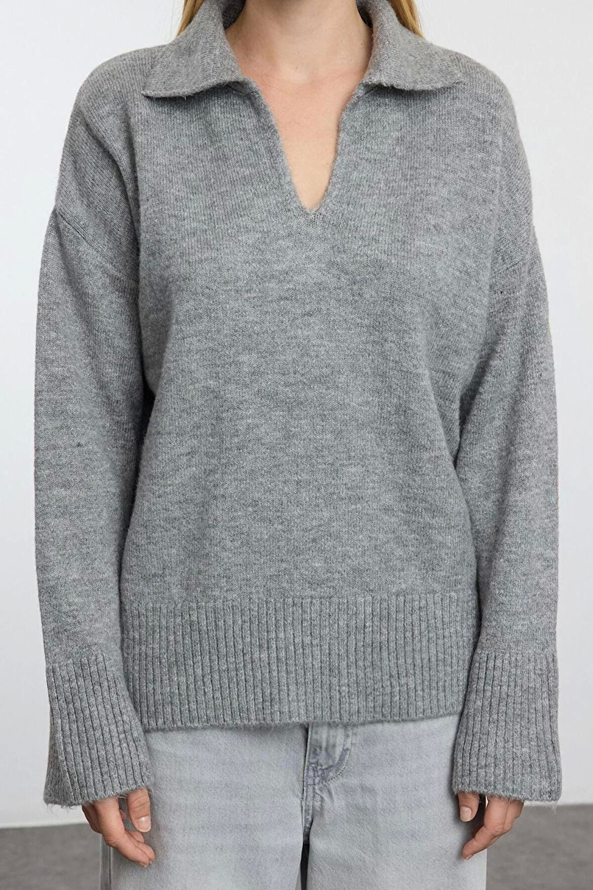 Kadın Moda Şık Polo Yaka Düşük Kol Regular Yünlü Geniş Kalıp Basic Triko Kazak