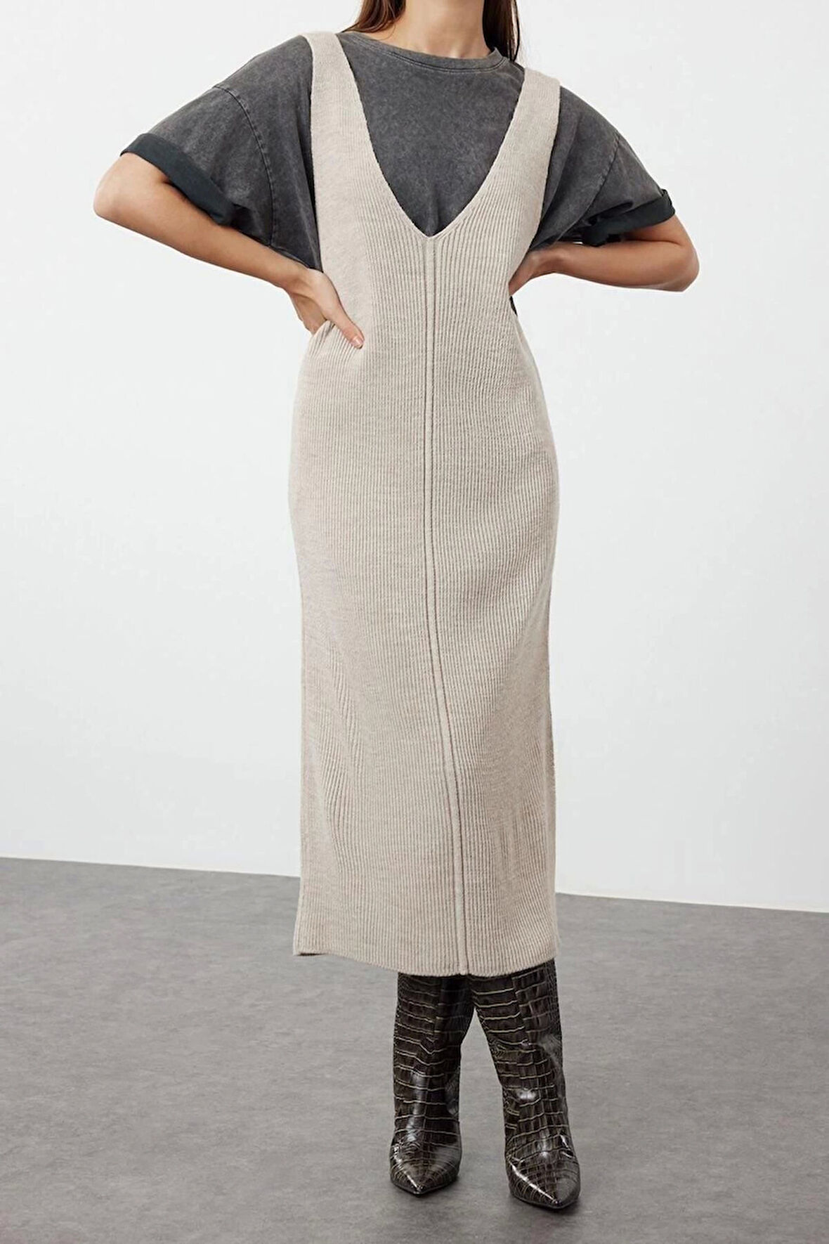 Yeni Regular Casual Günlük Dolu İğne Triko V Yaka Uzun Kol Shift Maxi Boy Elbise