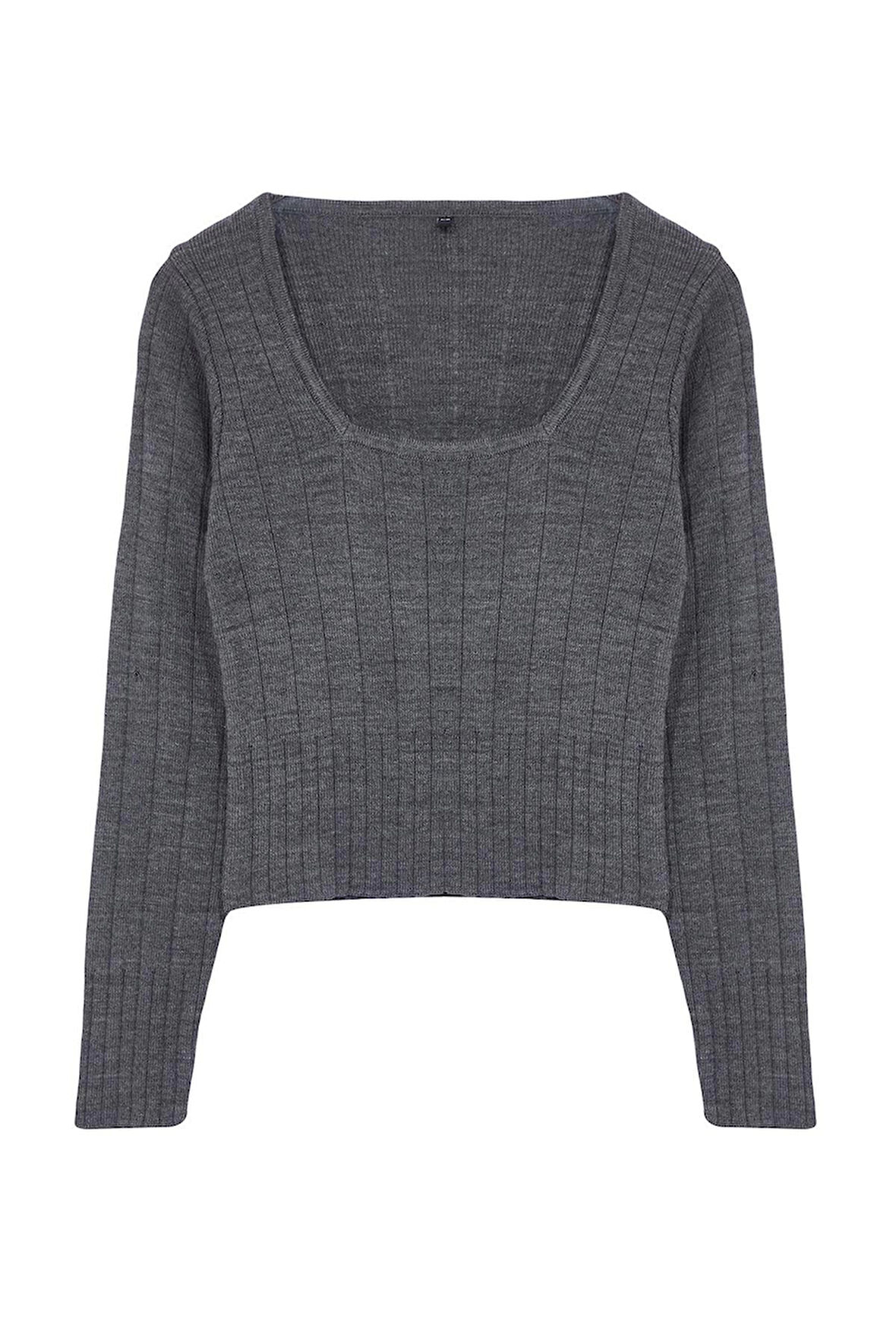 Kadın Moda Şık Kare Yaka Standart Kol Crop Triko Kazak