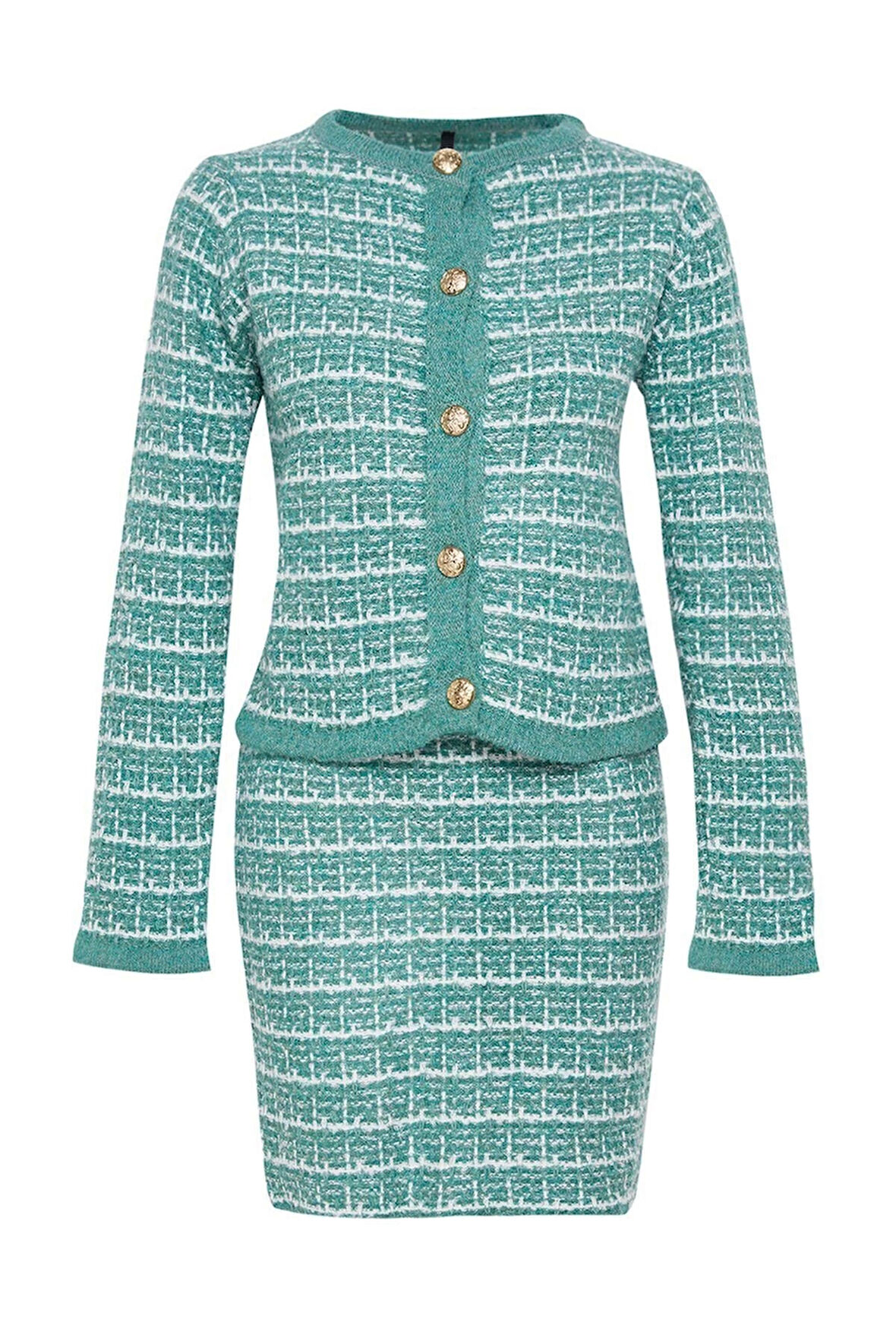 Kadın Moda Şık Regular Boy Uzun Kollu Örgü Detaylı Yumuşak Dokulu Hırka-Etek Triko Alt-Üst Takım