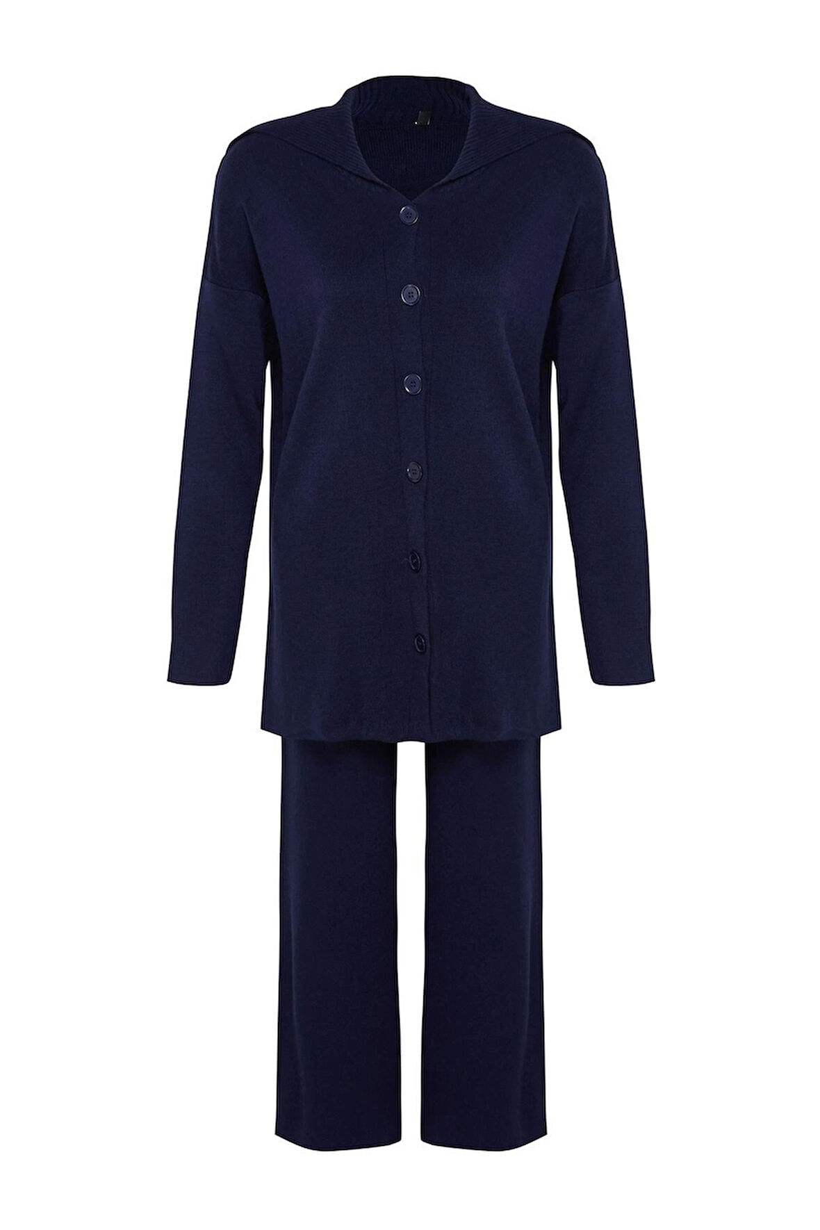 Kadın Moda Şık Geniş Paça Regular Boy Uzun Kollu Yaka Detaylı Hırka-Pantolon Triko Takım