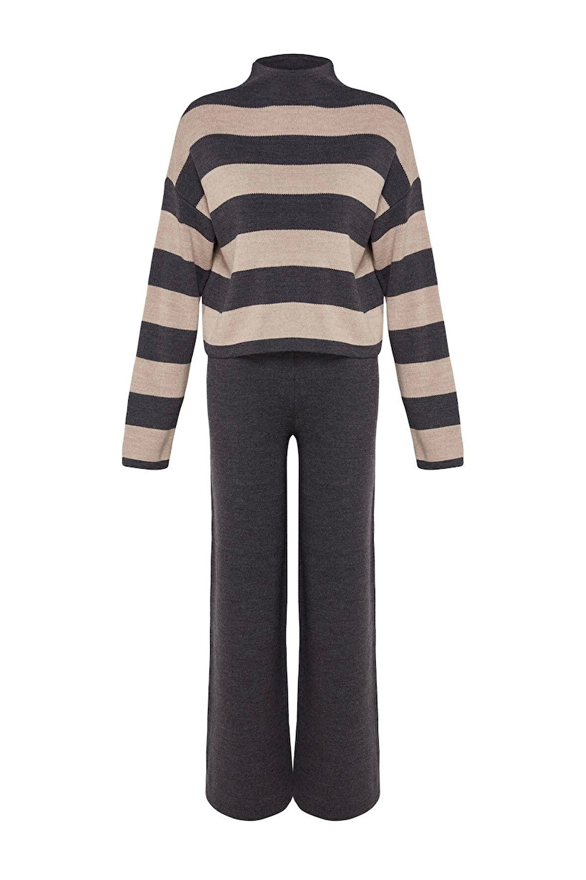 Kadın Moda Şık Boru Paça Regular Boy Uzun Kollu Geniş Kalıp Çizgili Triko Alt-Üst Takım