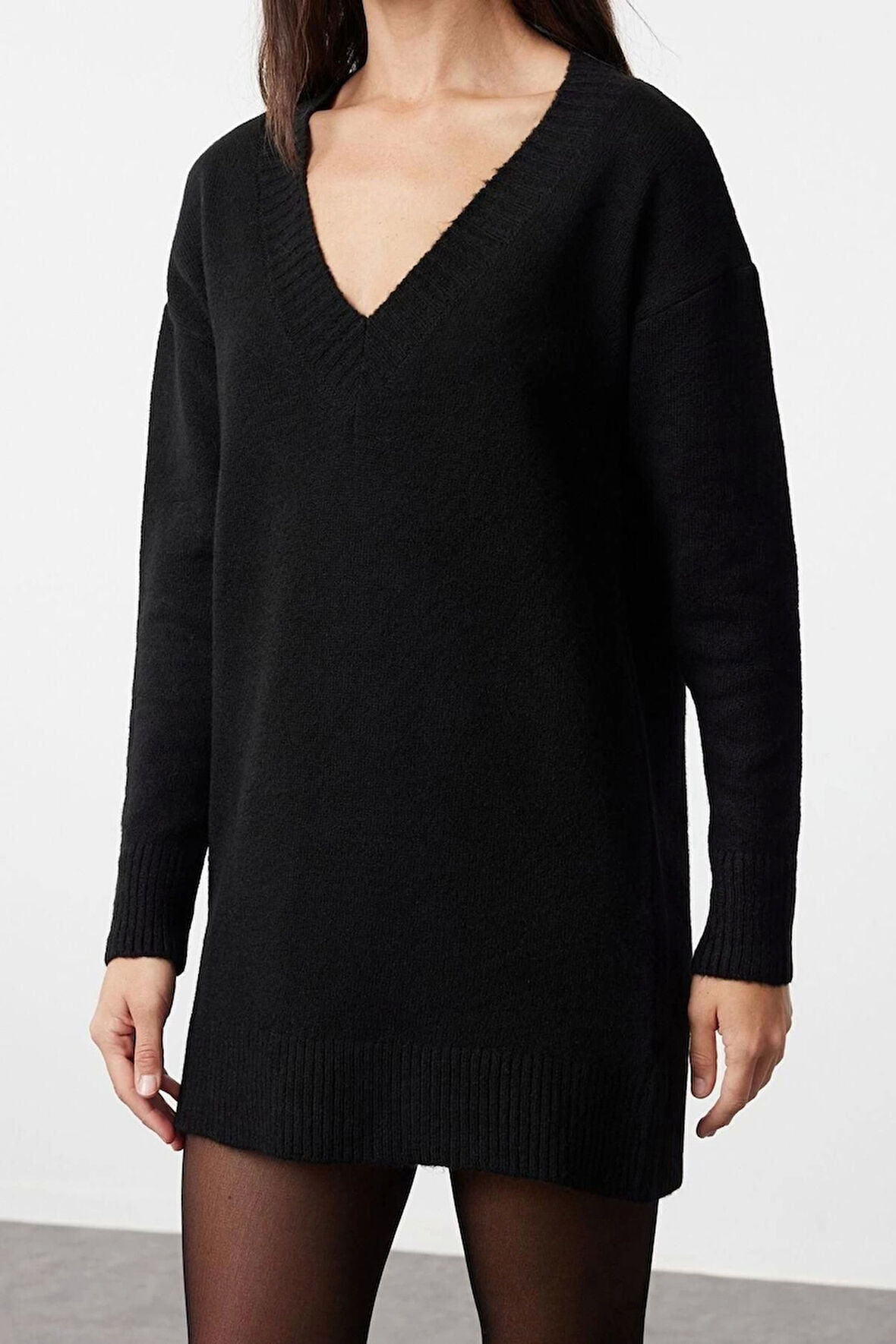 Yeni Oversize Casual Günlük Dolu İğne Triko V Yaka Uzun Kol Kazak Elbise Mini Boy Elbise