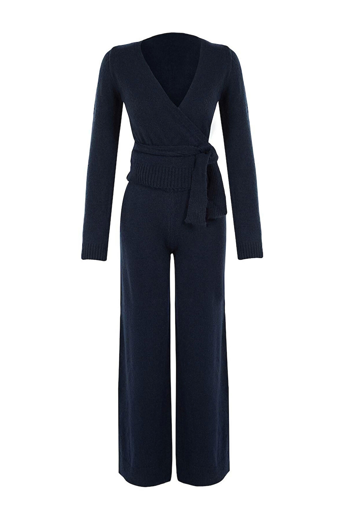 Kadın Moda Şık Boru Paça Crop Boy Uzun Kollu Crop Kruvaze Bağlama Detaylı Triko Alt-Üst Takım