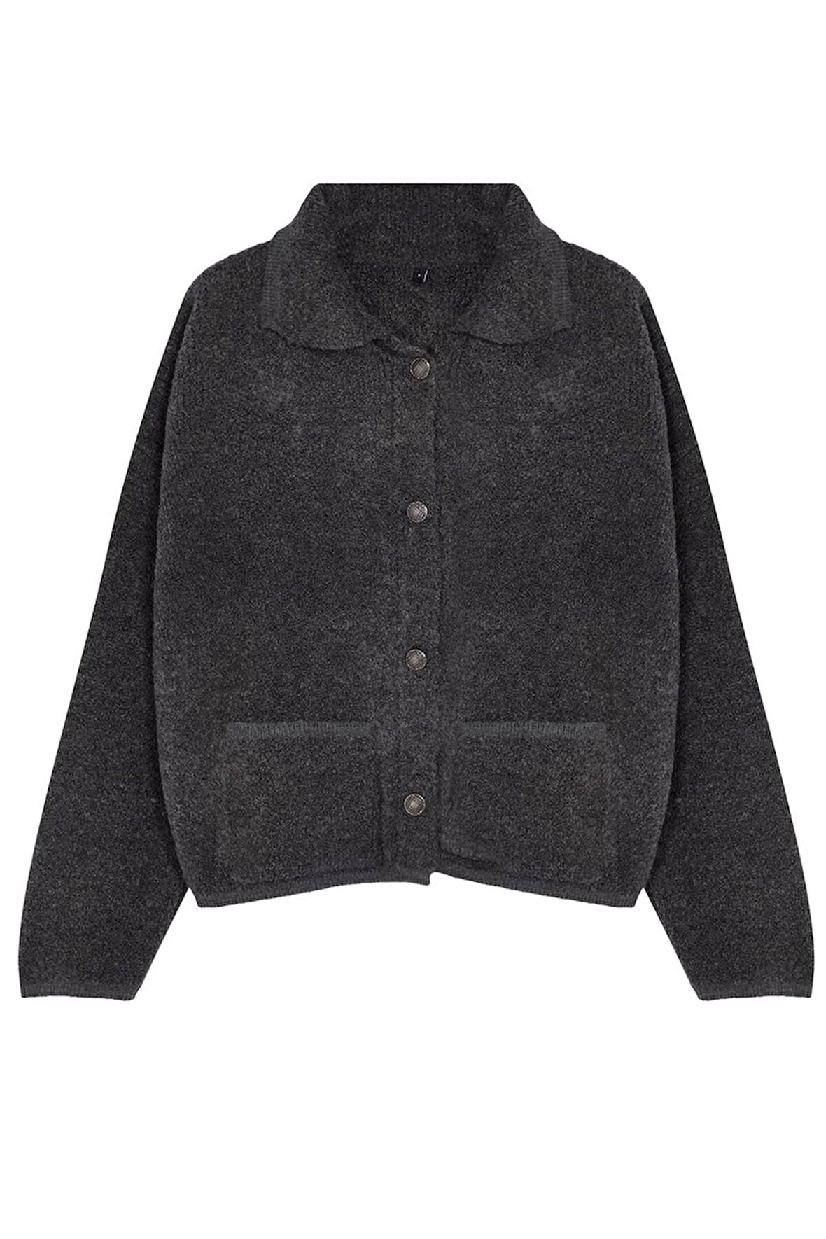 Kadın Moda Şık Regular Polo Yaka Oversize Süper Geniş Kalıp Polo Yaka Buklet Triko Hırka