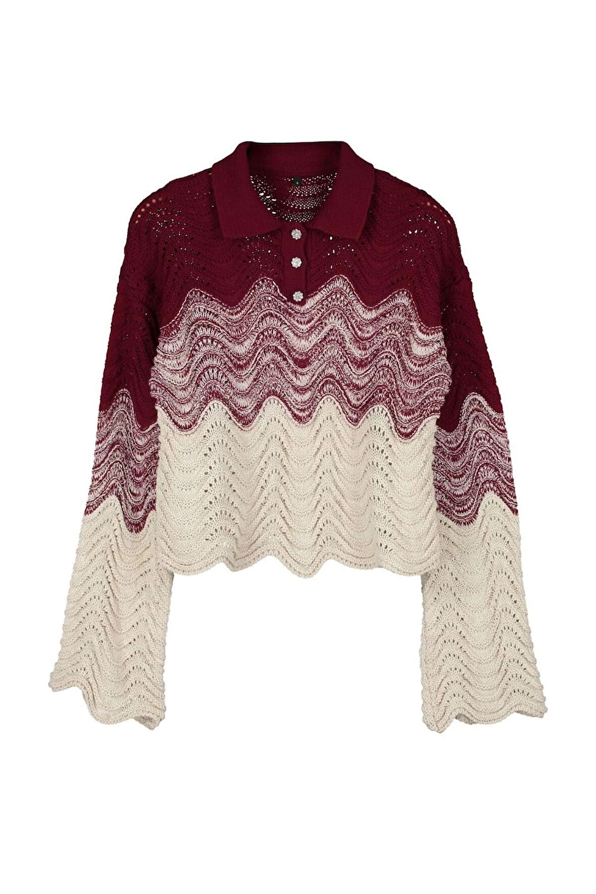 Kadın Moda Şık Polo Yaka Standart Kol Crop Mücevher Düğmeli Triko Kazak