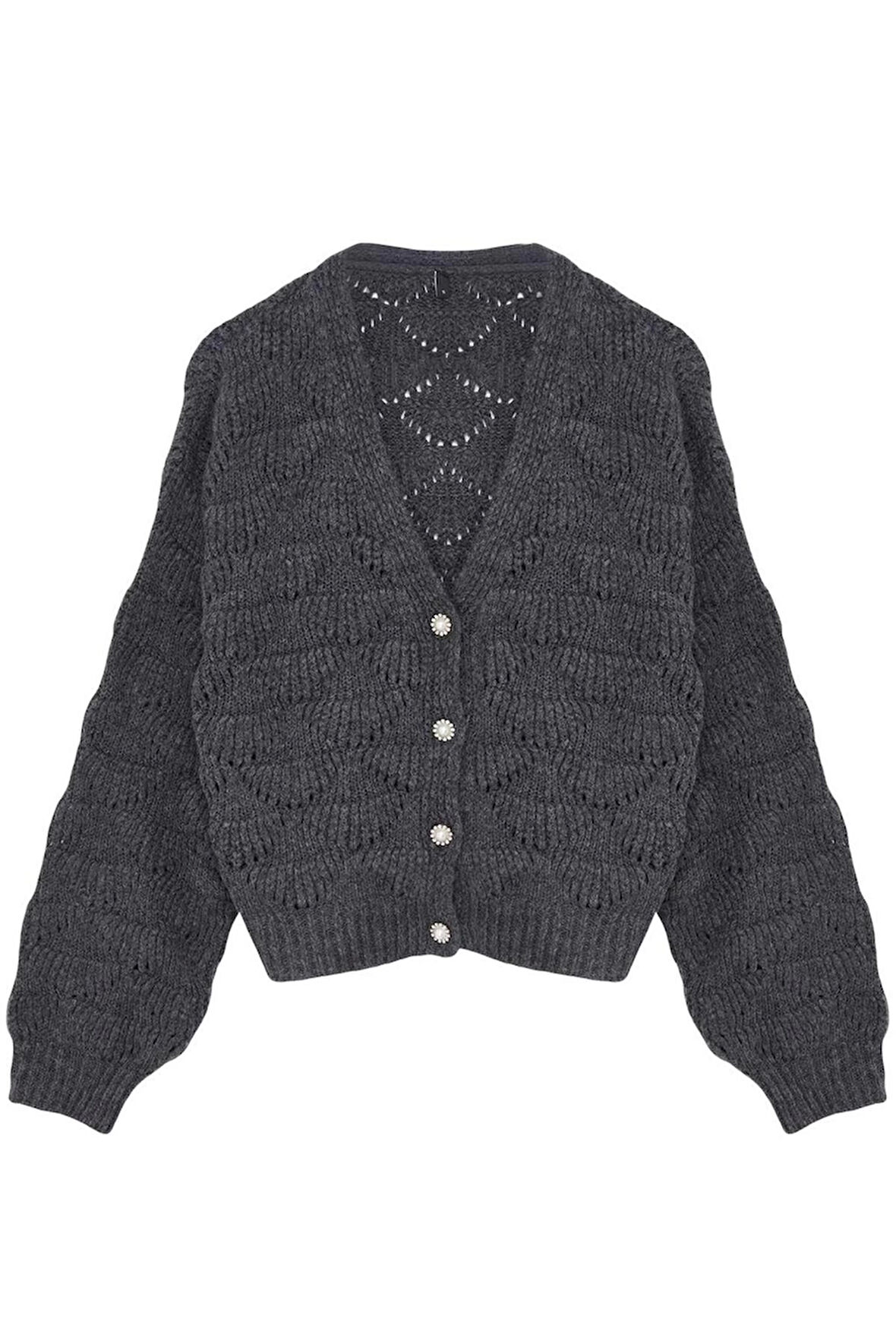 Kadın Moda Şık Regular V Yaka Regular Ajurlu Delikli V Yaka Triko Hırka