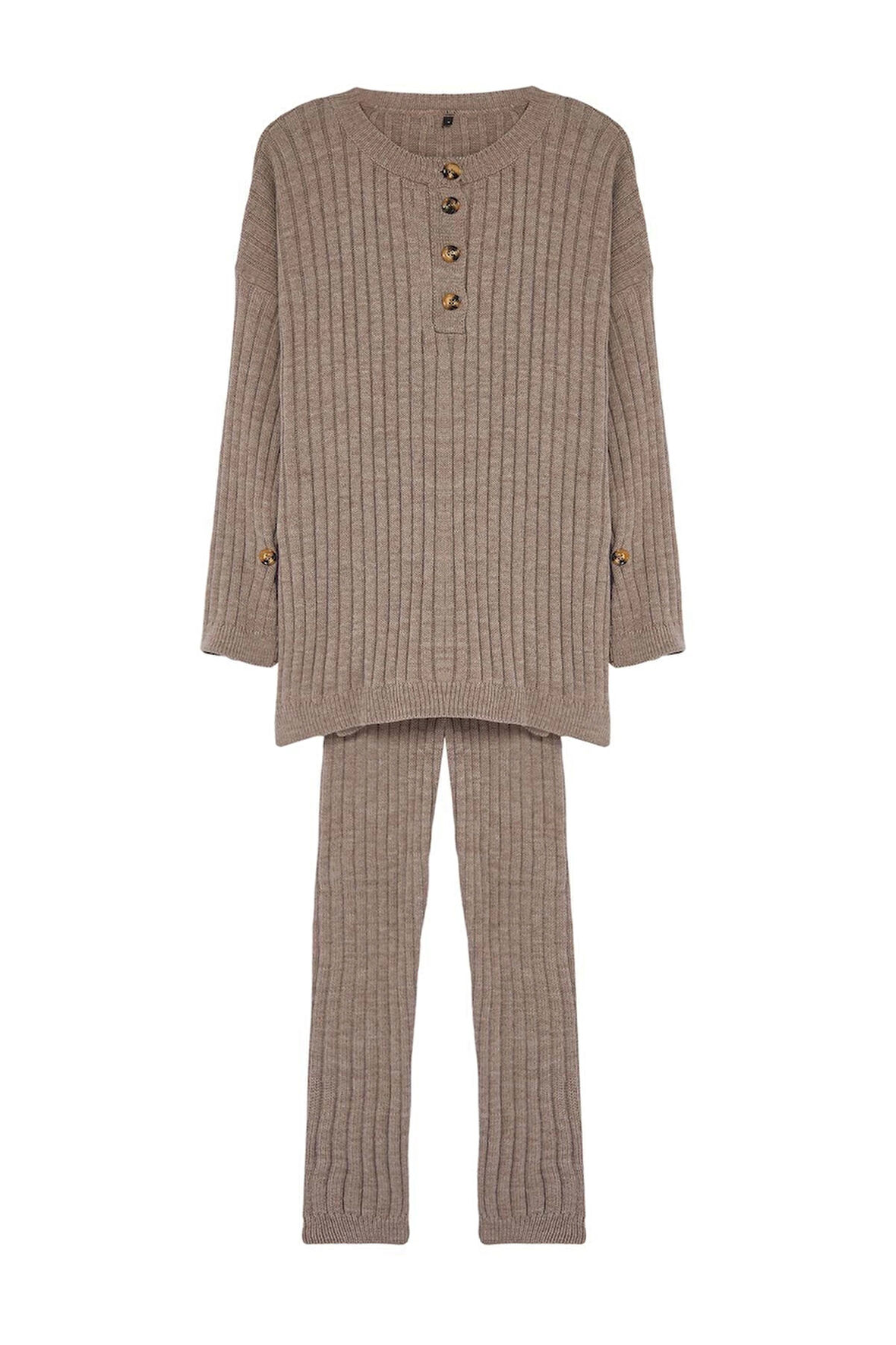 Kadın Moda Şık Dar Paça Regular Boy Uzun Kollu Fitilli Geniş Kalıp Triko Alt-Üst Takım