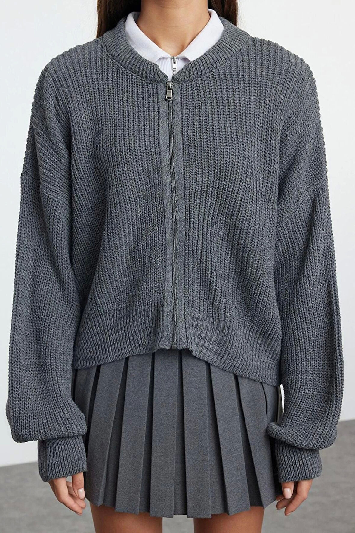 Kadın Moda Şık Regular Bomber Yaka Oversize Geniş Kalıp Bomber Yaka Fermuarlı Triko Hırka