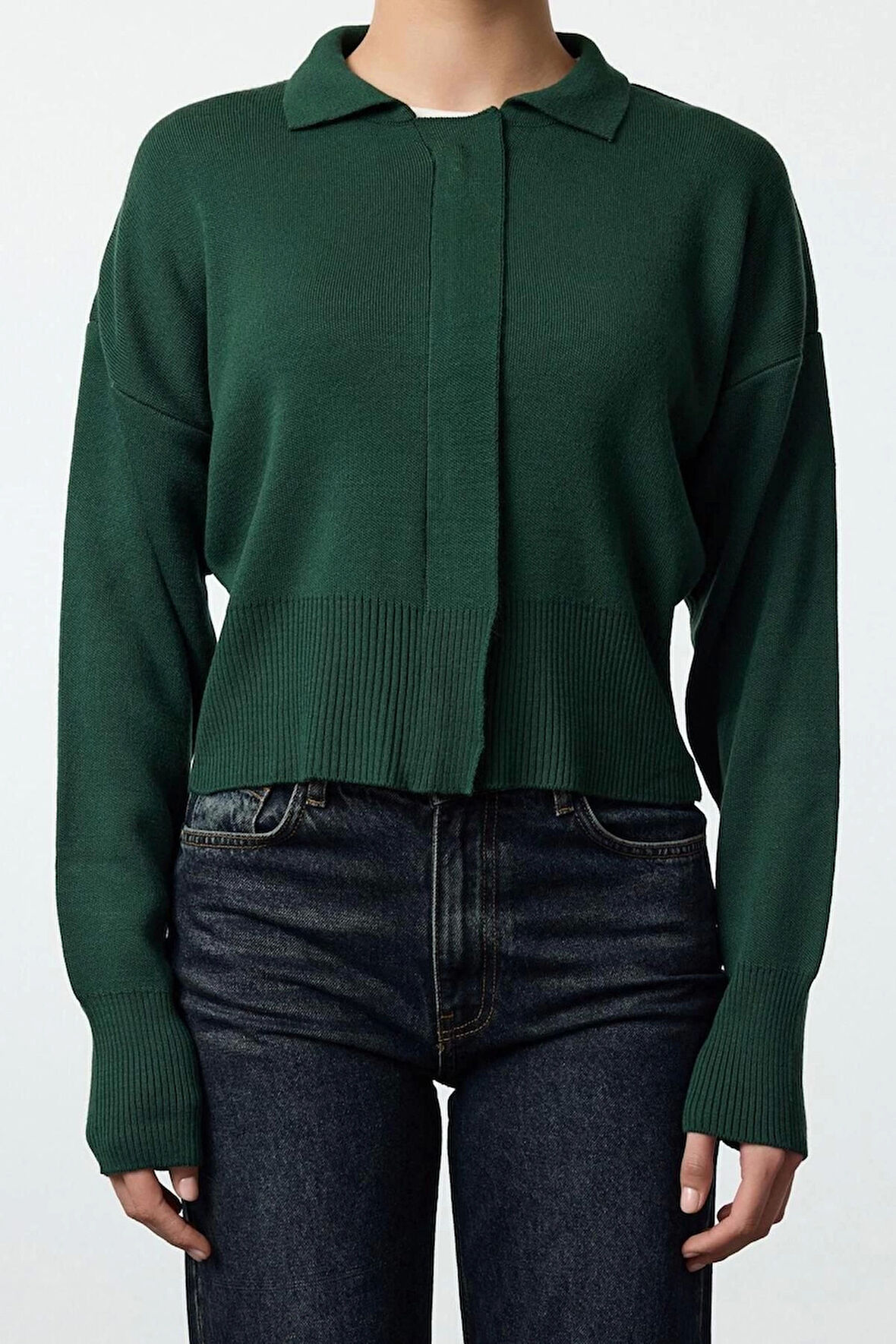 Kadın Moda Şık Regular Polo Yaka Regular Polo Yaka Fermuar Detaylı Triko Hırka