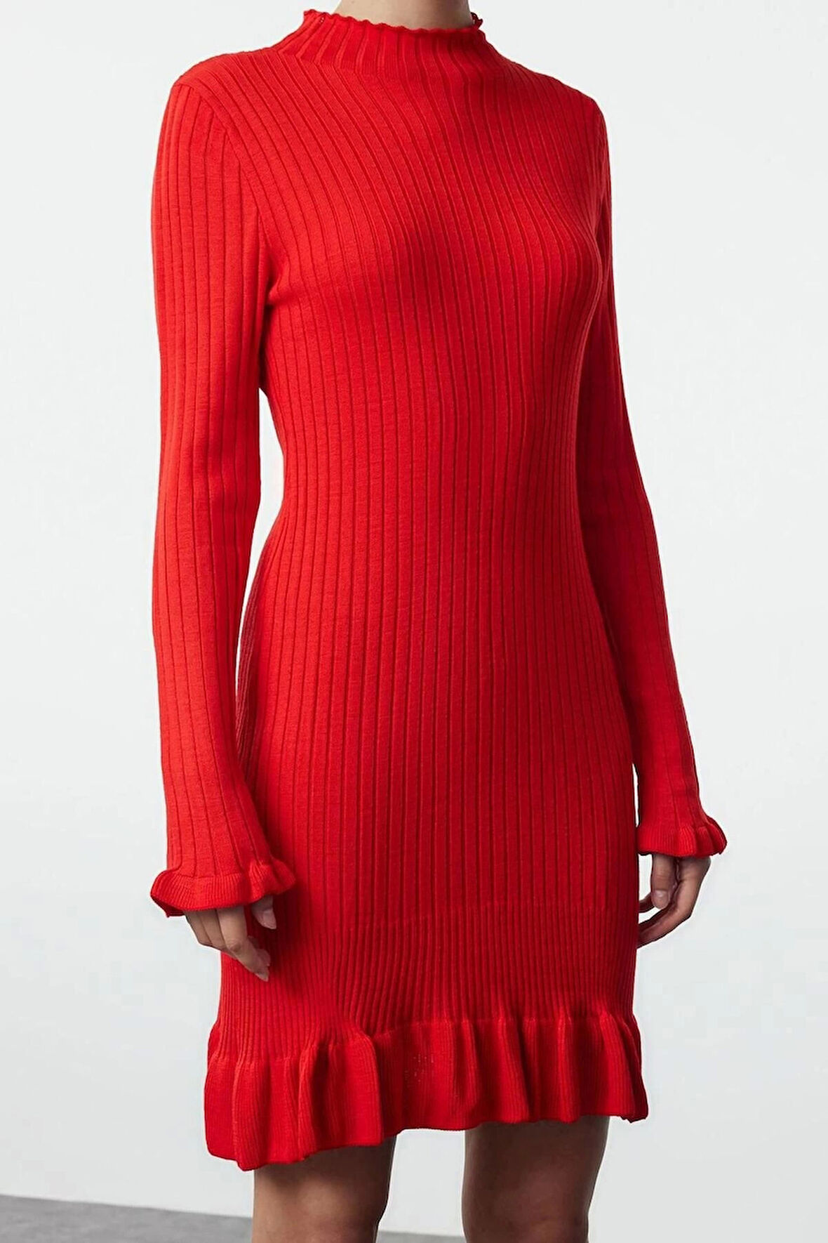 Kadın Moda Şık Mini Boy Dik Yaka Regular Triko Etek Ucu Detaylı Elbise